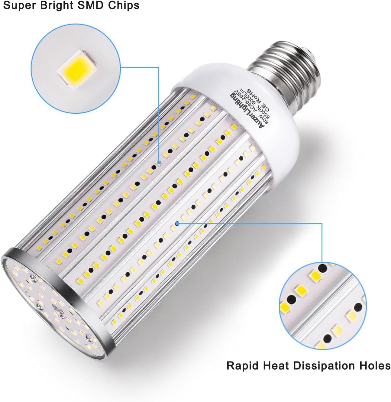 60W LED Corn Light Bulb, Large Mogul E39 Base, 6000-Lumen, 6500K Daylight Cool White,LED Bulb for Factory Warehouse Barn Garage Shopping Mall Supermarket Large Area AC85V-265V