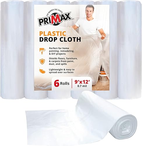PRIMAX Paño de plástico para pintores  9 x 12 pies  Paquete de 6  Lona de pintura impermeable  Tela de caída para pintura  Cubierta de suelo