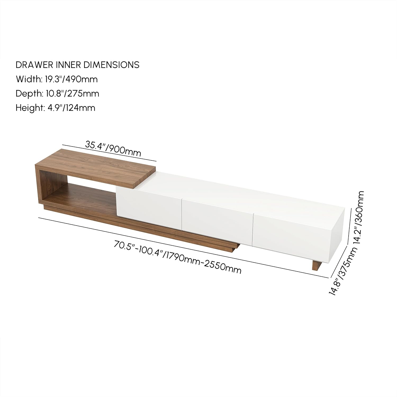 homary Modern Mid-Century Coffee Table and TV Stand Set of 2, Extendable Entertainment Center Set for Living Room (White & Walnut-Set)