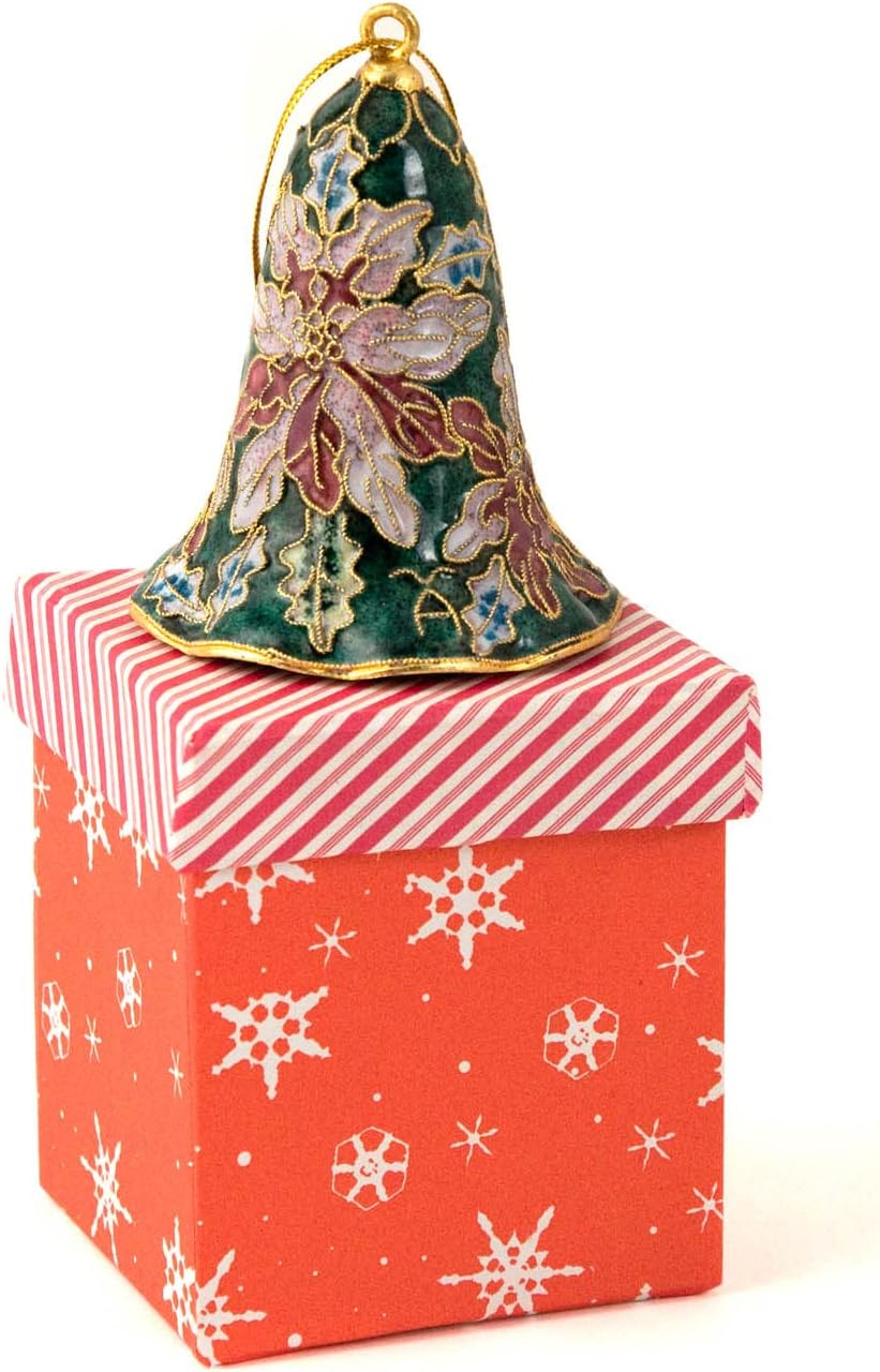 Value Arts Handmade Cloisonne Green Poinsettia Bell Ornament