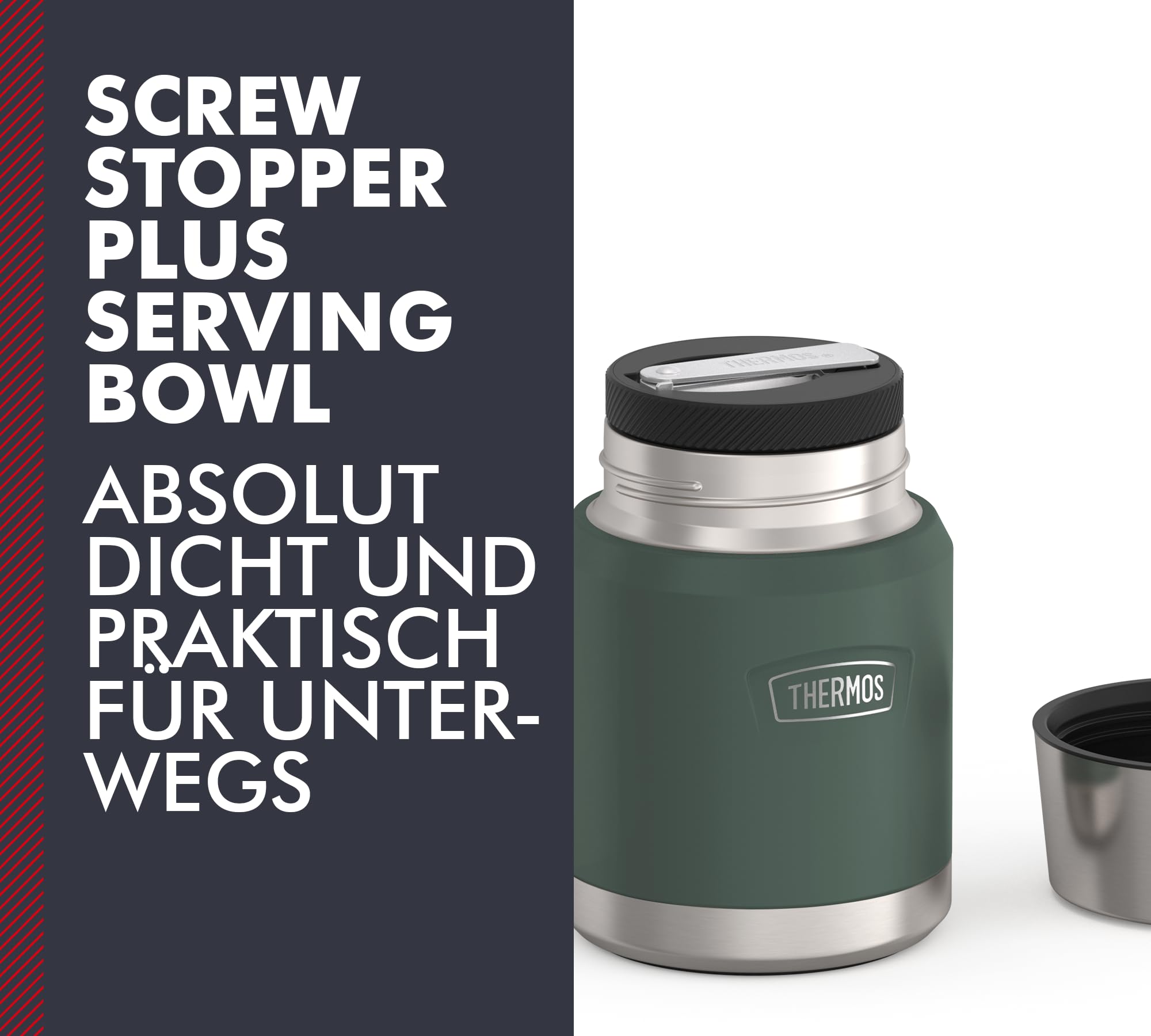 Thermos Icon Food Jar Pot alimentaire en acier inoxydable 18/8 à double paroi Vert mat/forêt avec cuillère pliable et fond antidérapant 0,47 l