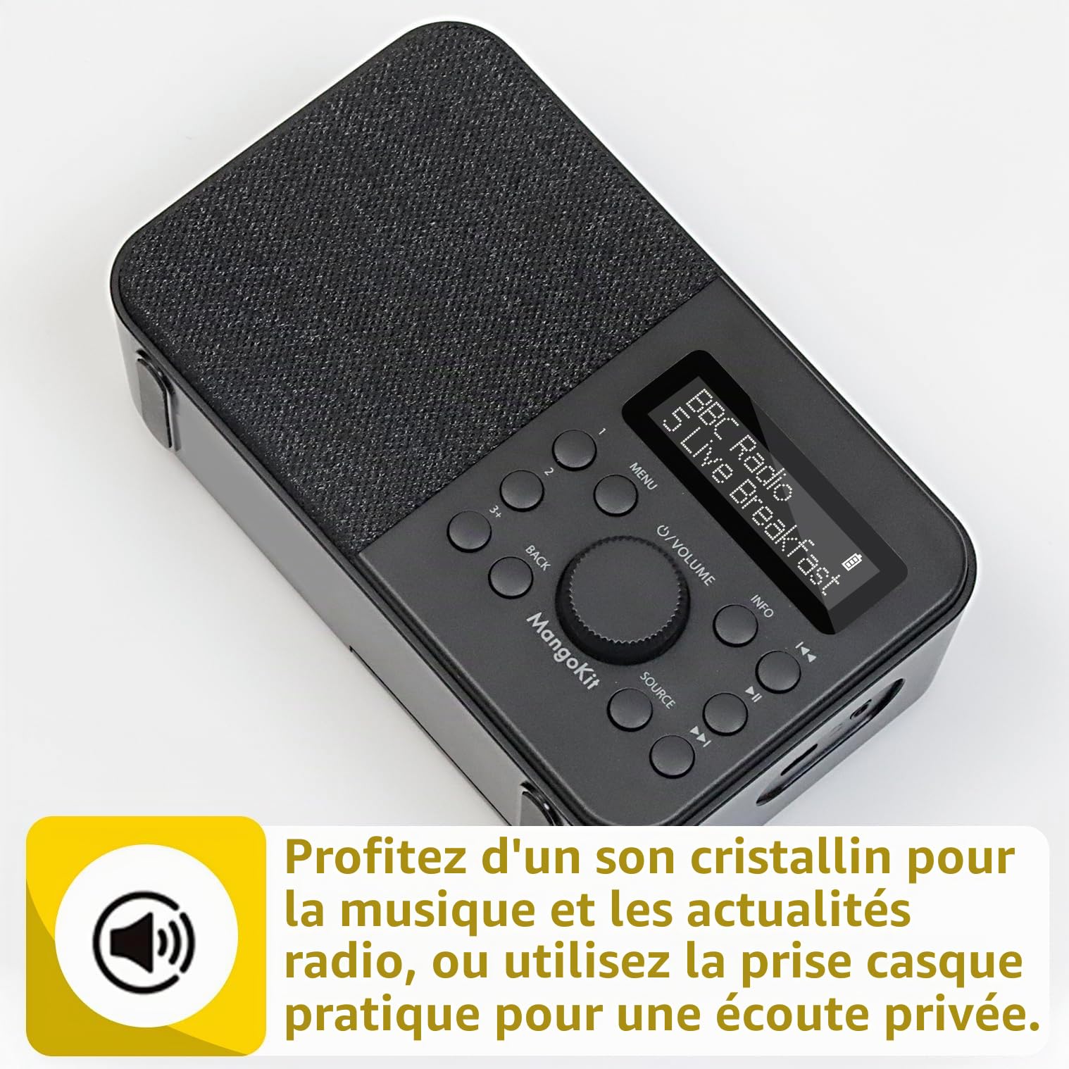 Radio Numérique DAB Portable FM Bluetooth avec Écran, Réveil, 40 Stations Préréglées - Noir