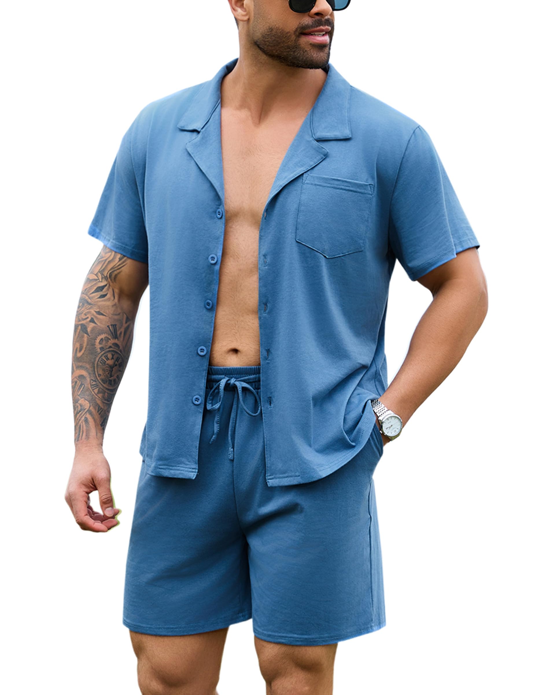 Irdcomps Pyjama heren zomer katoen kort geruit tweedelige pyjama heren nachtkleding korte mouwen comfortabel casual huiskleding zacht en comfortabel, 333-blauw, XXL