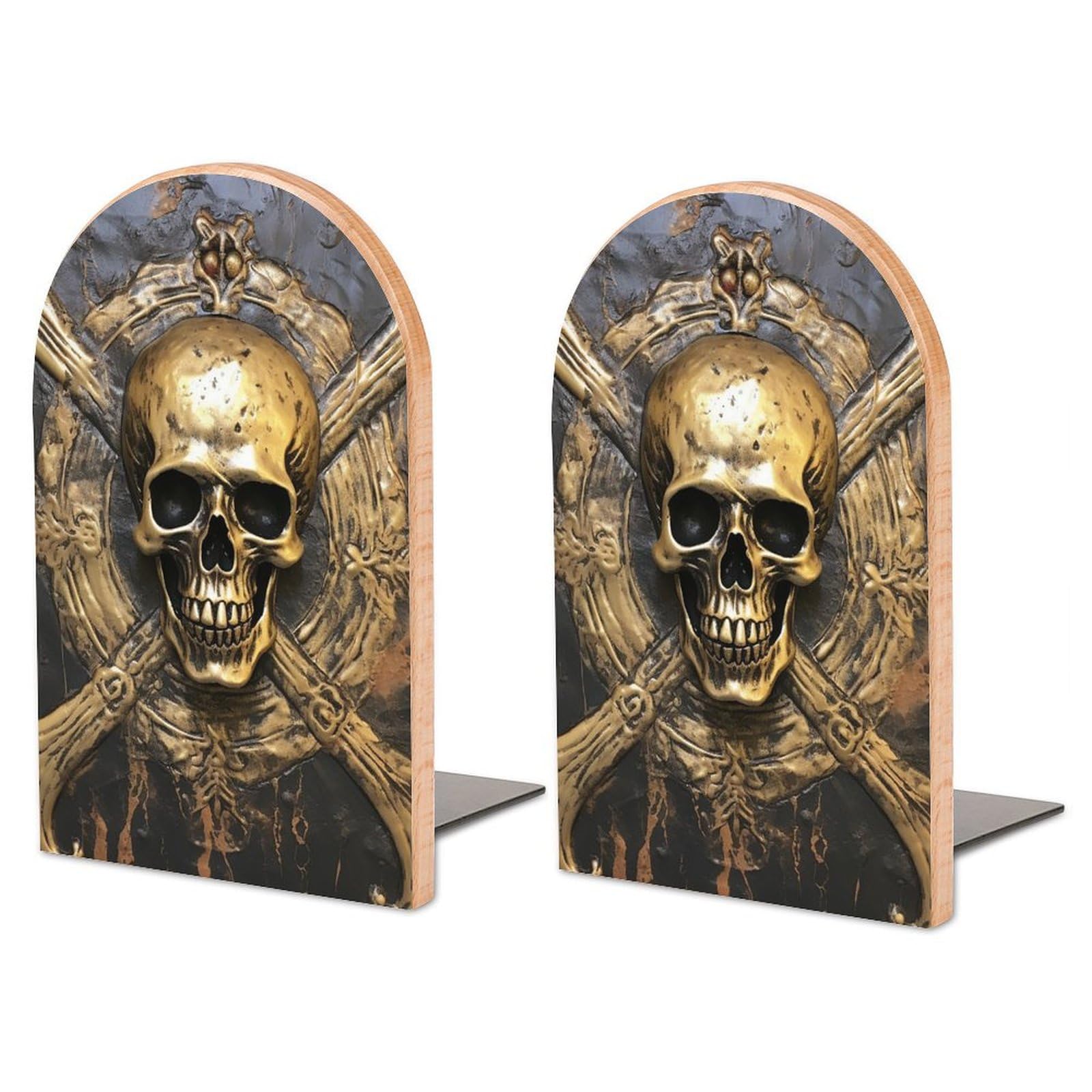 Book Ends Decorative for Shelves,Skull Metal Pirate Printed Bookends for Heavy Books,Wooden Book Stopper with Non-Skid Metal Base,Modern Bookshelf