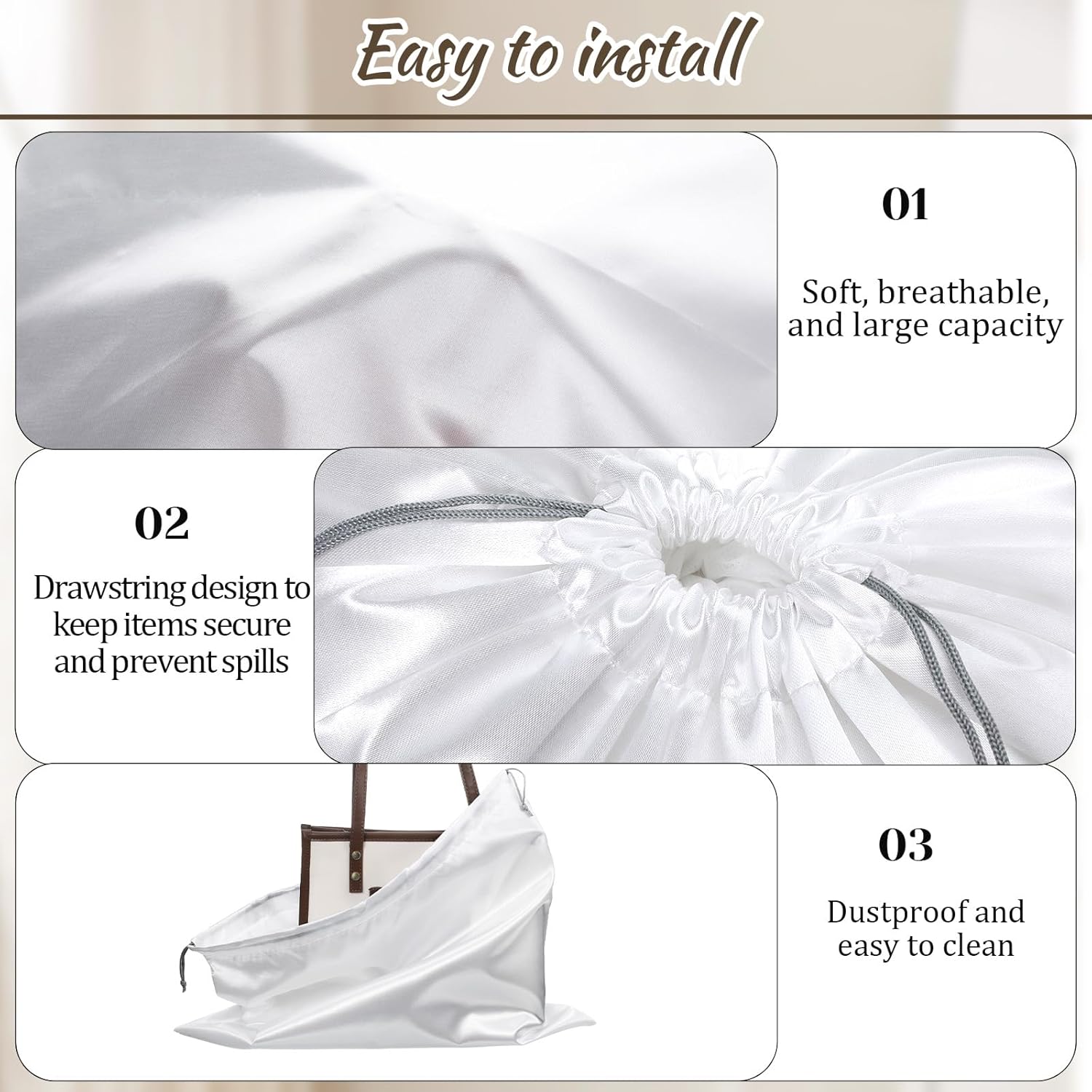 SHENLIU 10Pcs Dust Bags for Handbags, Dust Cover Bag for Handbags Purses Shoes Boots, Silk Dustproof Drawstring Bag Travel Storage Pouch (White, 19.6 × 15.7 in) - Image 3