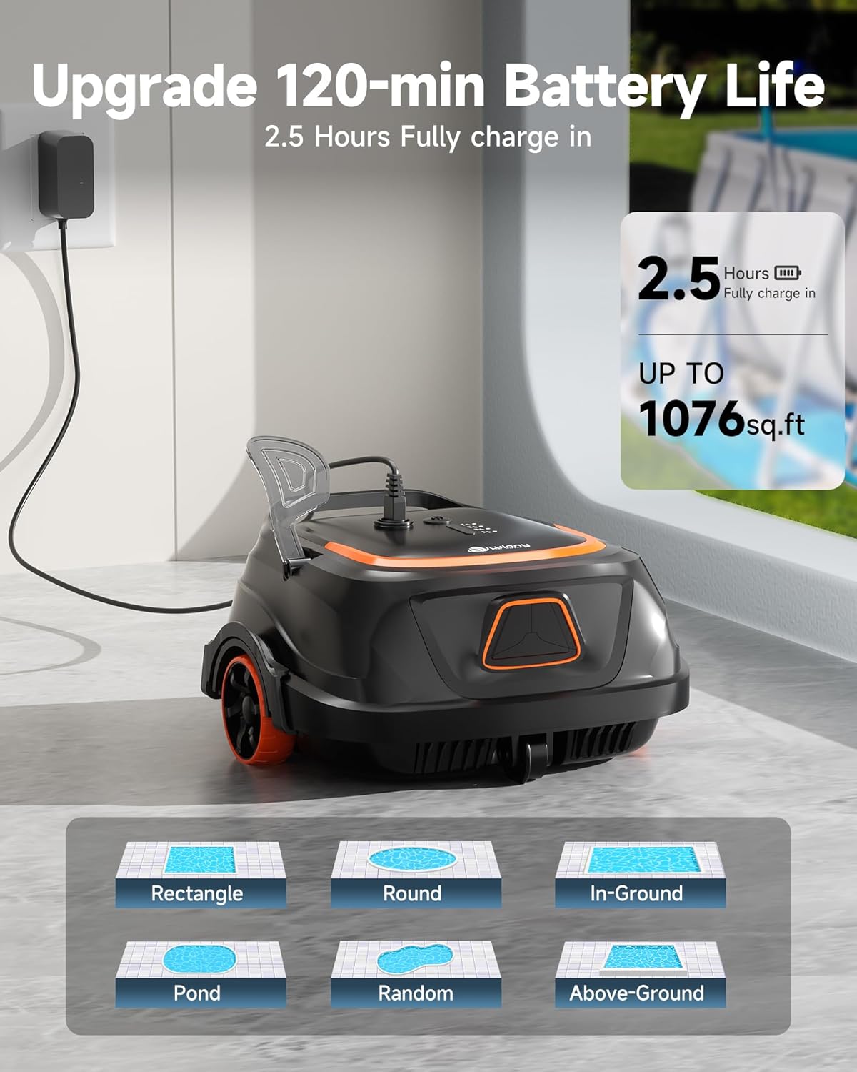 (2026 New) A1 Cordless Robotic Pool Vacuum for Above Ground Pools, Powerful Suction, Dual Filters, Self-Parking, 120-Min Runtime & 2.5h Fast Charging, Ideal for Above Ground Pool up to 1076 sq.ft