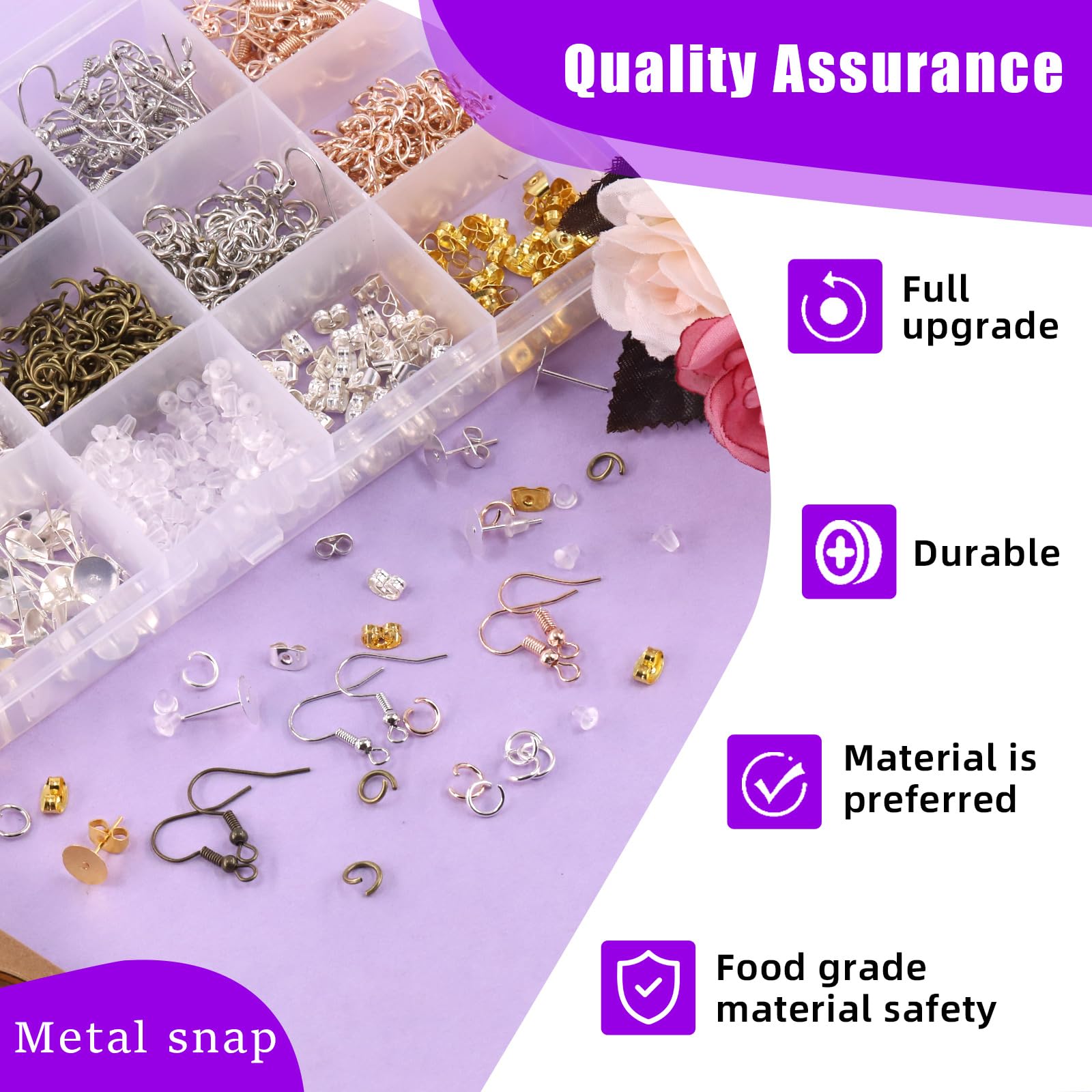 Kit di 2000 pezzi per la creazione di orecchini, kit di forniture per la creazione di orecchini in metallo, include chiusure per orecchini, accessori per orecchini, perni per orecchini, ganci per