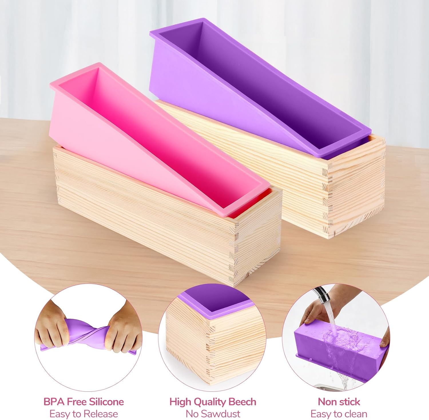 42oz Soap Mold with Wooden Box, Flexible Silicone Mold for Making Handmade Soap, DIY Craft Soap Making Kit, Reusable Soap Making Molds (Purple, 2Pcs Wooden Box)