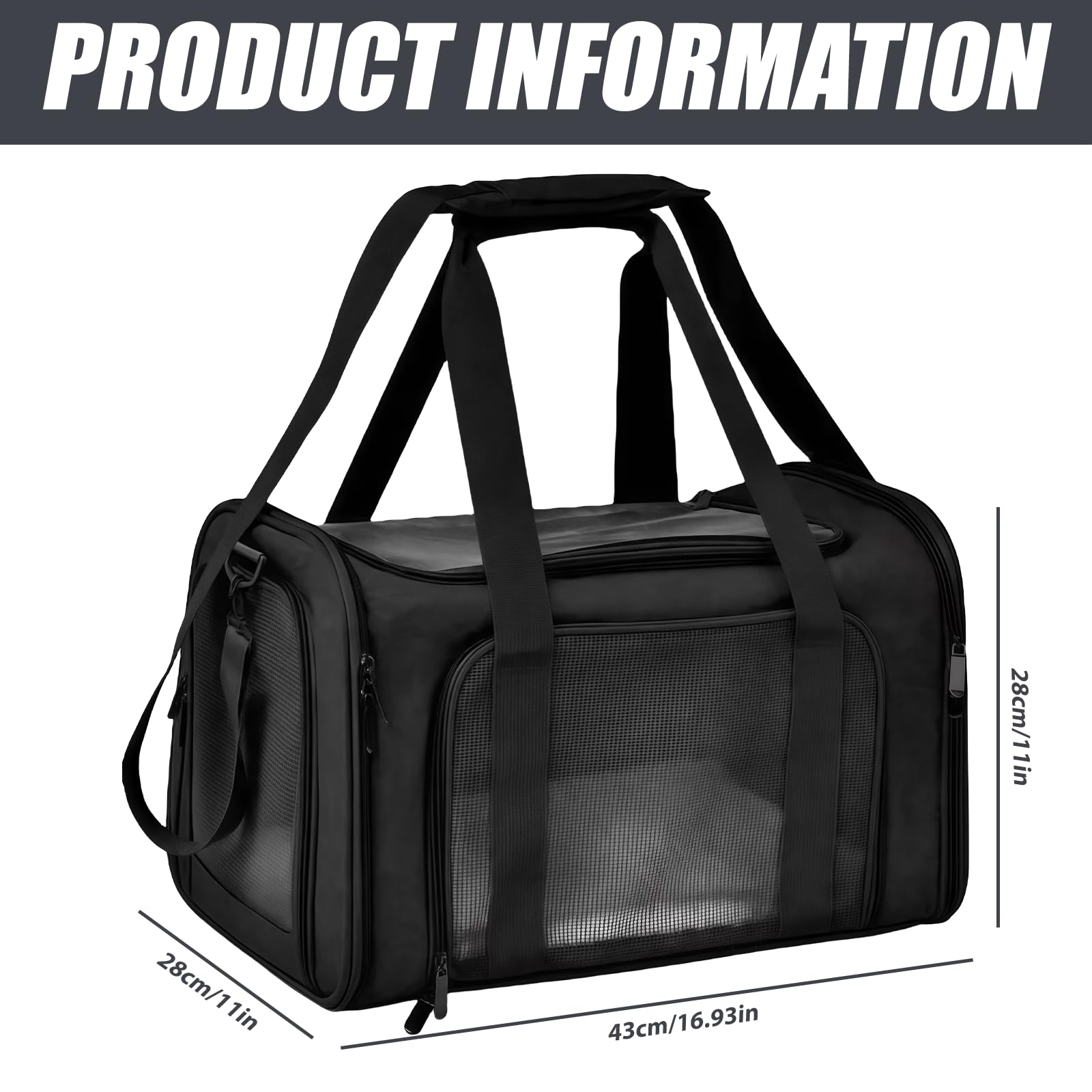 Grand sac de transport noir pour chat : sac pliable portable pour chat, sac sûr pour les petits animaux de compagnie, boîte de transport respirante pour chat pour les voyages et les visites