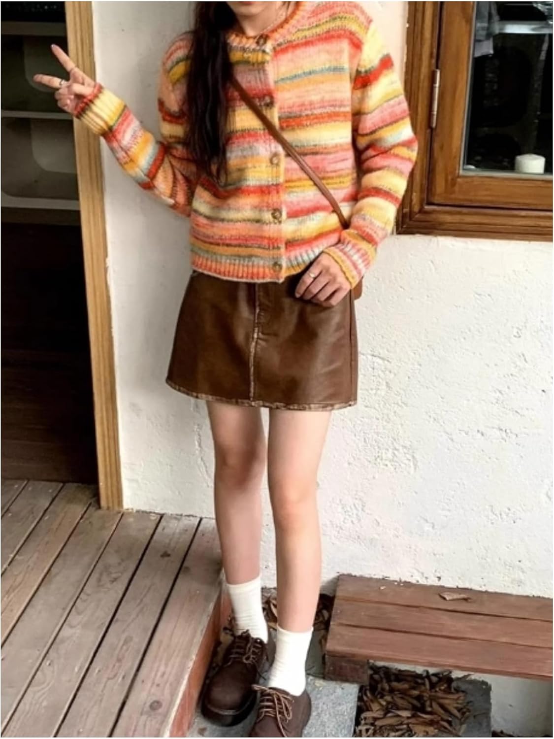 GORGLITTER Women's Striped Colorful Button Up Cardigan Sweater Trendy Fall Long Sleeve Crewneck Knitwear Tops