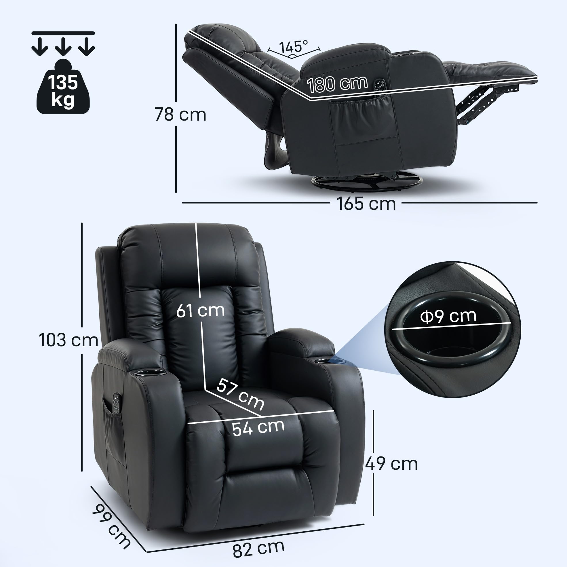 HOMCOM Sillón de Masaje Giratorio con 8 Puntos de Masaje Vibrante Sillón Relax Reclinable con Función de Calefacción Lumbar Mando a Distancia Butaca Reclinable para Salón 85x94x104 cm Negro