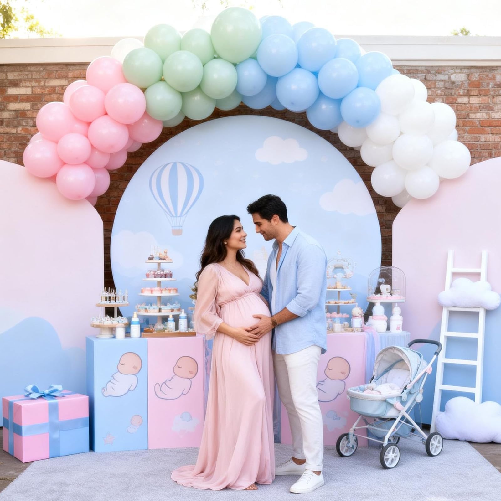 Pastelowe niebieskie zielone różowe białe balony, stonowane tęczowe zakurzone różowe niebieskie szałwiowe zielone białe lateksowe kolorowe balony na ślub boho urodziny baby shower ujawnienie płci las