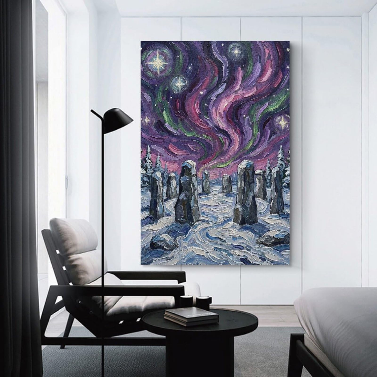 Junmoney Room Decor Wall Art Aurora Borealis Over Stone Circle, 08x12inch(20x30cm), for Home Office, Desk Area Or Studio, An Interior Accent for Desk Areas