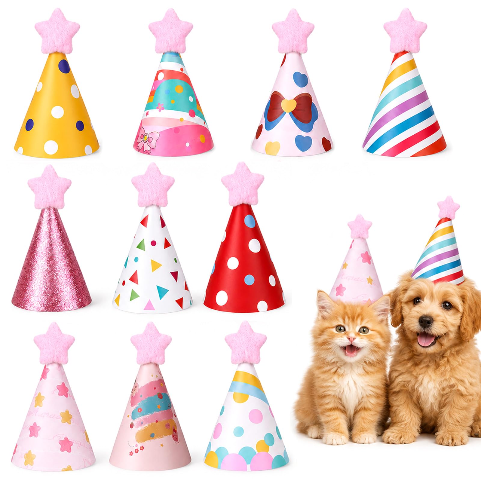10 Pcs Mini Party Hats for Stuffed Animals Birthday Hats Adjustable Birthday Party Felt Cone Hat Parties Animal Birthdays Decorations Supplies for Dog Cat