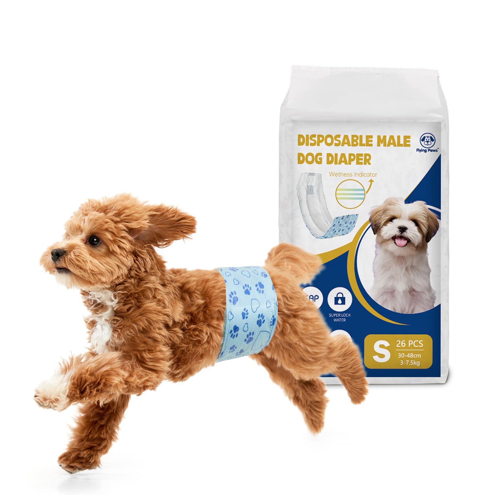 Flying Paws Pannolini per Cani, S-52 Pezzi Assorbenti con Indicatore di Umido, Protezione Antifughe, Ideale per Incontinenza, Viaggi e Addestramento