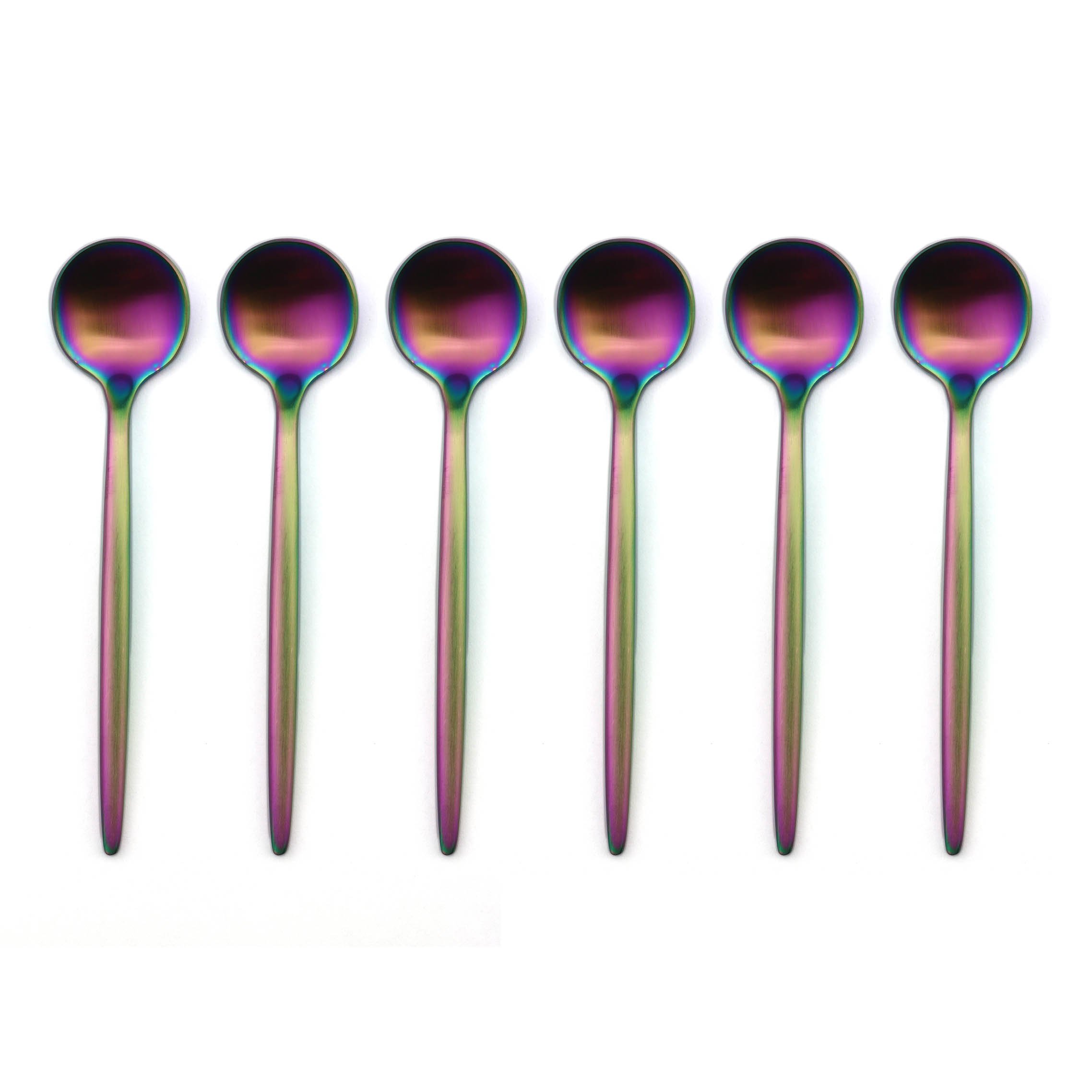 BRIIEC Rainbow 18/10 Stainles Steel Coffee Spoons, Slim Cutlery for Kitchen Hotel Restaurant Wedding Party, Matte Finish, Dishwasher Safe, Pack of 6