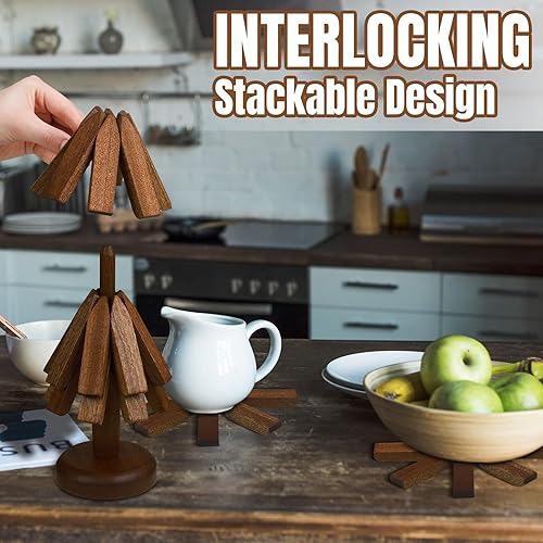 Miniatura 3 de Suzile Juego de 2 salvamanteles de madera para platos calientes, juego de salvamanteles con forma de árbol, posavasos de madera, diseño de árbol,