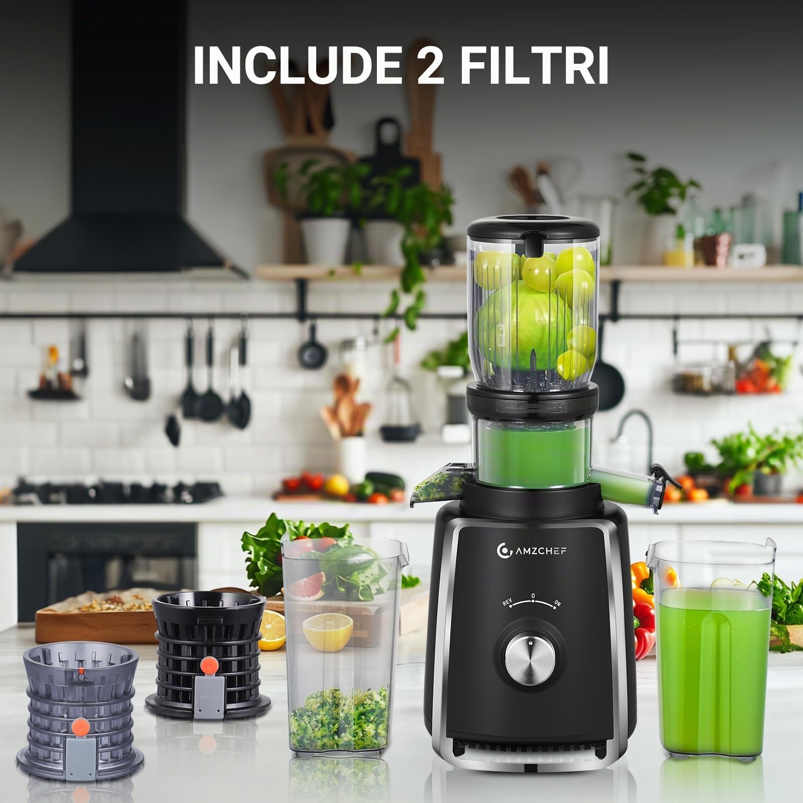 AMZCHEF Estrattore con 2 Filtri Brevettati ANTI-intasamento per Frutta e Verdura Morbida e Dura con Elevata Resa in Succo - Estrattore Frutta e Verdura con Apertura 103 mm per Frutta Intera - Nero