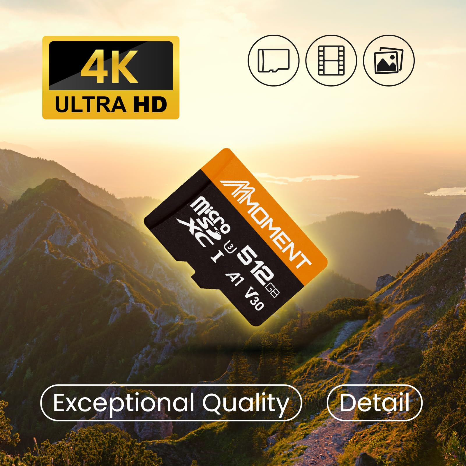 MMOMENT Carte micro SDXC 512 Go, A1, V30, UHS-I, U3, compatible classe 10, vitesse de lecture jusqu'à 95 Mo/s, vitesse d'écriture jusqu'à 70 Mo/s, adaptateur SD inclus