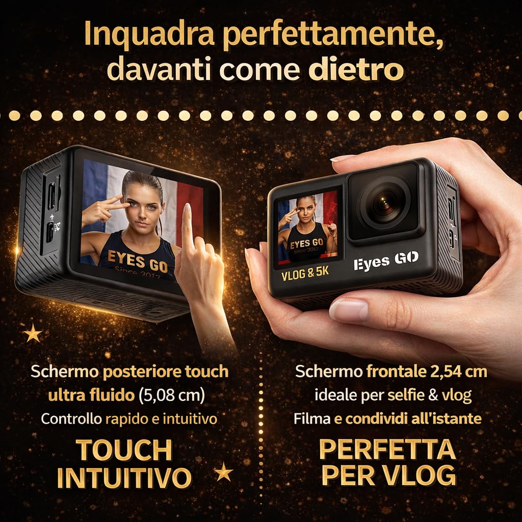 Marca FRANCESE 31 Accessori Fotocamera Sport 5K30fps 4K60FPS 120FPS Foto 50MP 2 Schermi Touch Vlog Telecomando Micro 360° Stabilizzatore E.I.S 2.0 Impermeabile 30M Scheda SDXC 64GO 2 Batterie