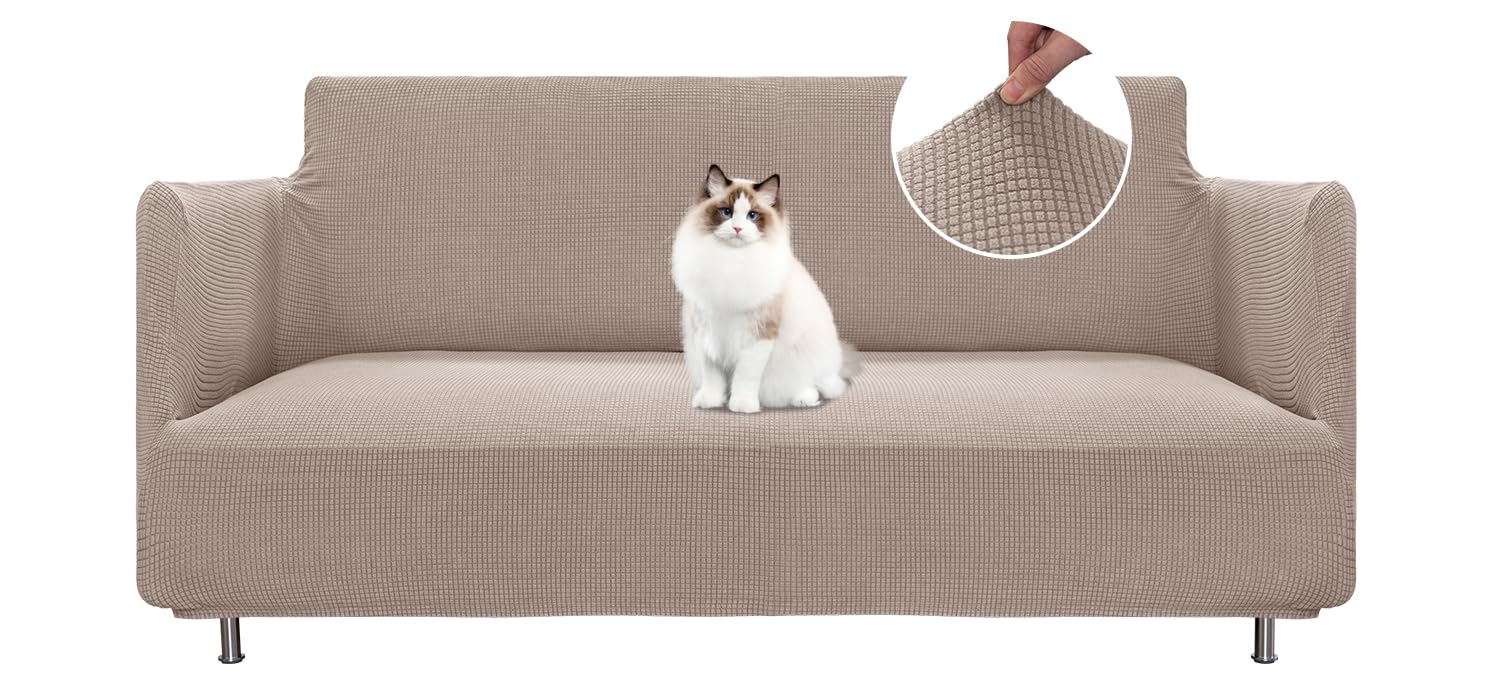 BellaHills Copri Divano 2 Posti con Braccioli(135-165cm), Copridivano Antigraffio Gatto, Copridivani Elasticizzato, Fodera Divano Antimacchia Lavabile Antiscivolo, Sabbia