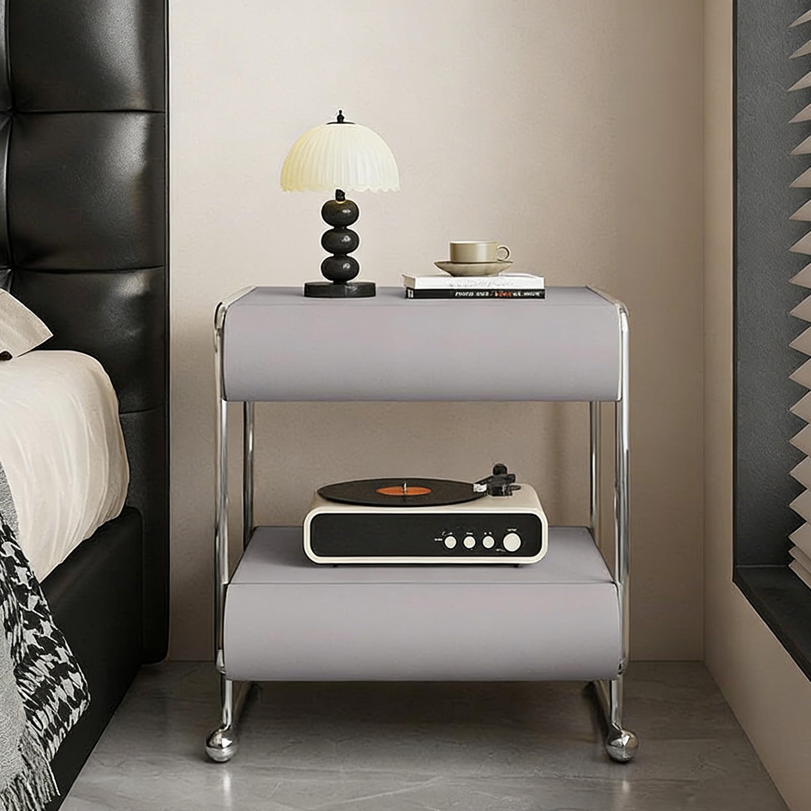 SXZenSpace Modern Nightstand with 2 Drawer and Open Shelf, Solid Wood Bedside Tables for Bedroom(Gray,50x40x55cm)
