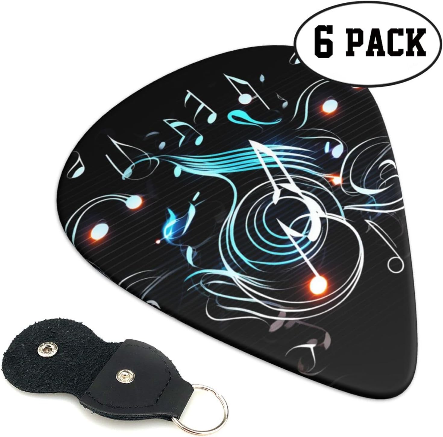 Music Note Print Guitar Picks 6 Pack Personalized Plectrums with Organizer Storage Box, Colorful Celluloid Guitar Plectrum Includes Thin, Medium, Heavy Picks For Acoustic Guitar Bass Picks image 3