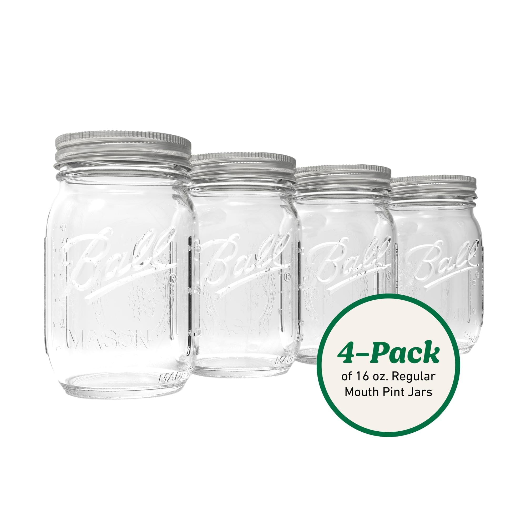 Ball Glass Mason Jars, Regular Mouth, SureTight Lids, 16oz, 4-Count