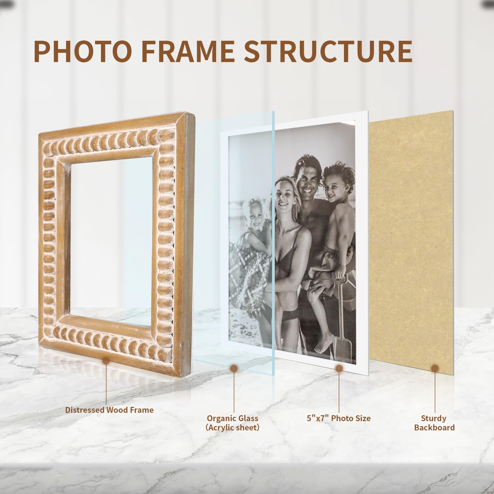 Marco de fotos rectangular grande de madera natural con cuentas decorativas, perfecto para fotos individuales de 5 x 7 pulgadas, idea de regalo de granja para familiares y amigos