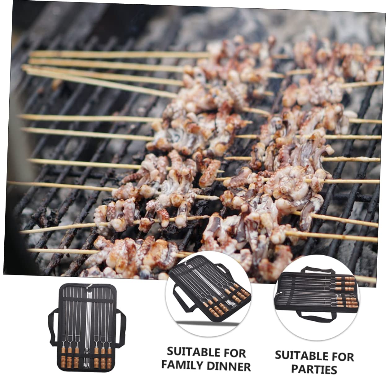 Brochetas de Acero Inoxidable 10 Piezas con Mango de Madera | Bolsa de Almacenamiento Incluida, Acabado Negro, Aptas para Cena Familiar y Uso al Aire Libre