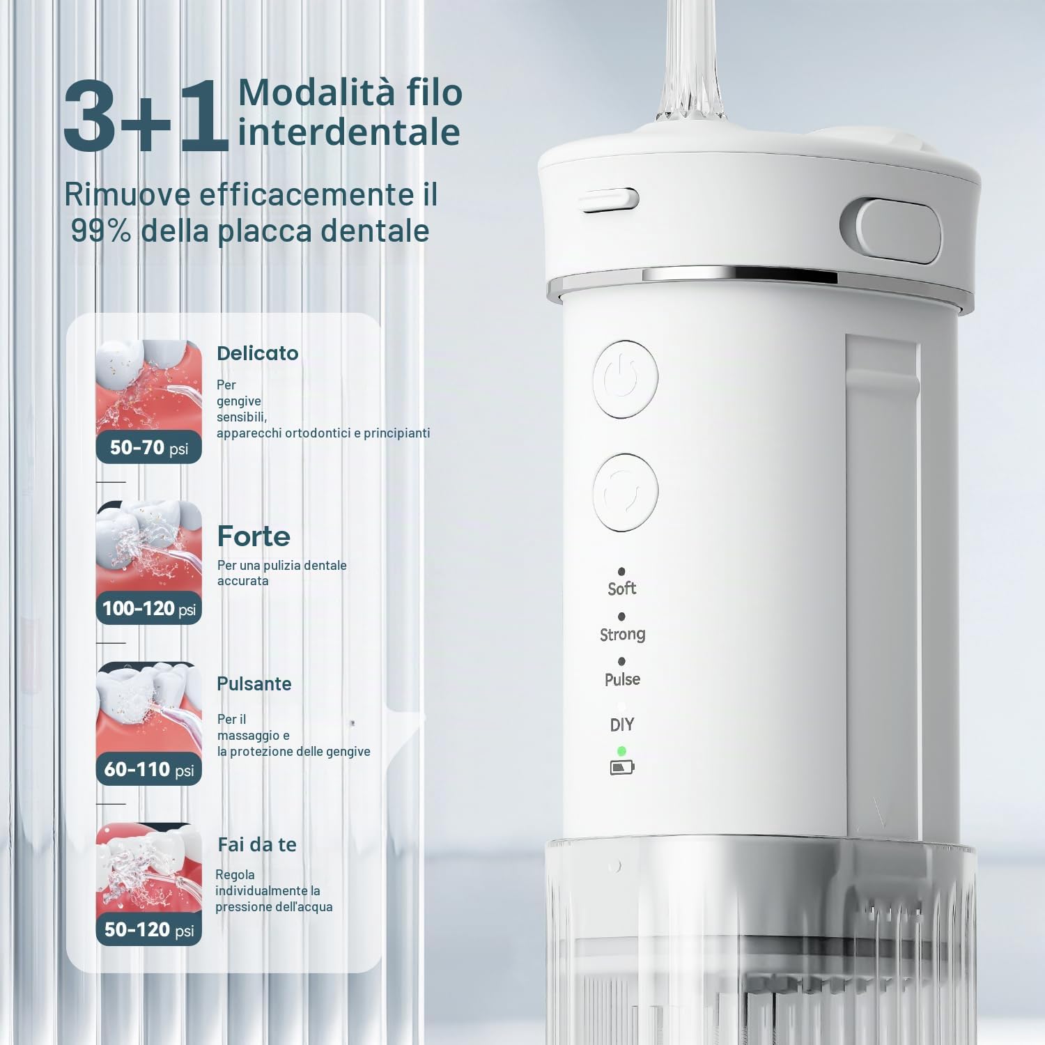 JTF Idropulsore Dentale Mini, Portatile Irrigatore Dentale Viaggio con 5 Ugelli Ricambio, 4 Modalità, IPX7 Impermeabile, 230 ML Erbatoio Dell'acqua Retrattile (Bianco)