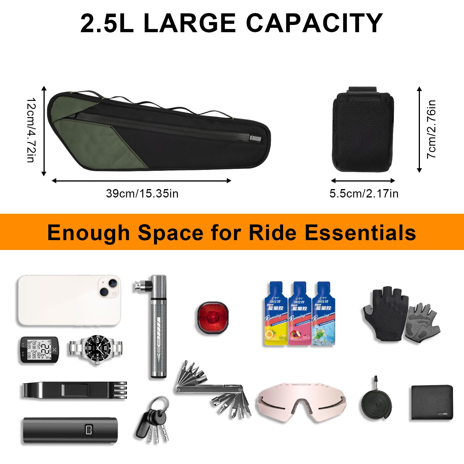 Borsa Bici Telaio Borse Tubo Centrale per Bicicletta MTB Impermeabile con Strisce Riflettenti Grande Capacità ca. 2.5L per Porta Attrezzi Bici da Corsa Accessori Lucchetto 380*115*55mm(verde)