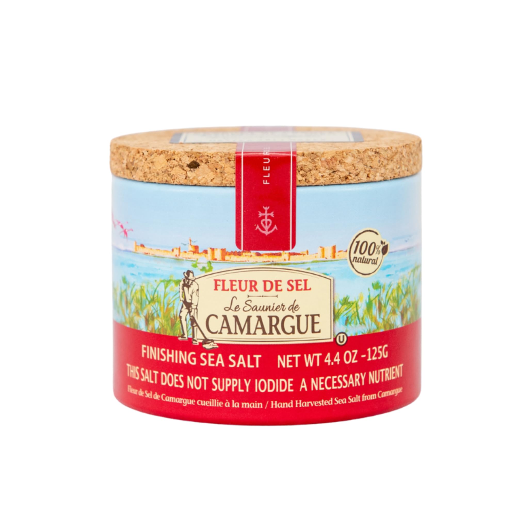 Le Saunier de Camargue Fleur de Sel – French Sea Salt Finishing Salt – Gourmet Hand-Harvested Flaky Salt in Resealable Cork-Topped Container – 125g