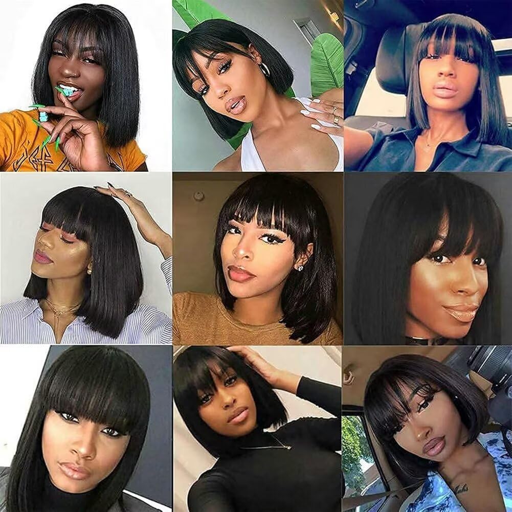 Vanmast Parrucche Per Capelli Umani Hmuan Hair Wig With Bangs Straight Bob Wig for Women Brazilian Virgin Glueless Wigs Human Hair None Lace Front Wigs Parrucche Ricci Nera Con Frangia 12 inch