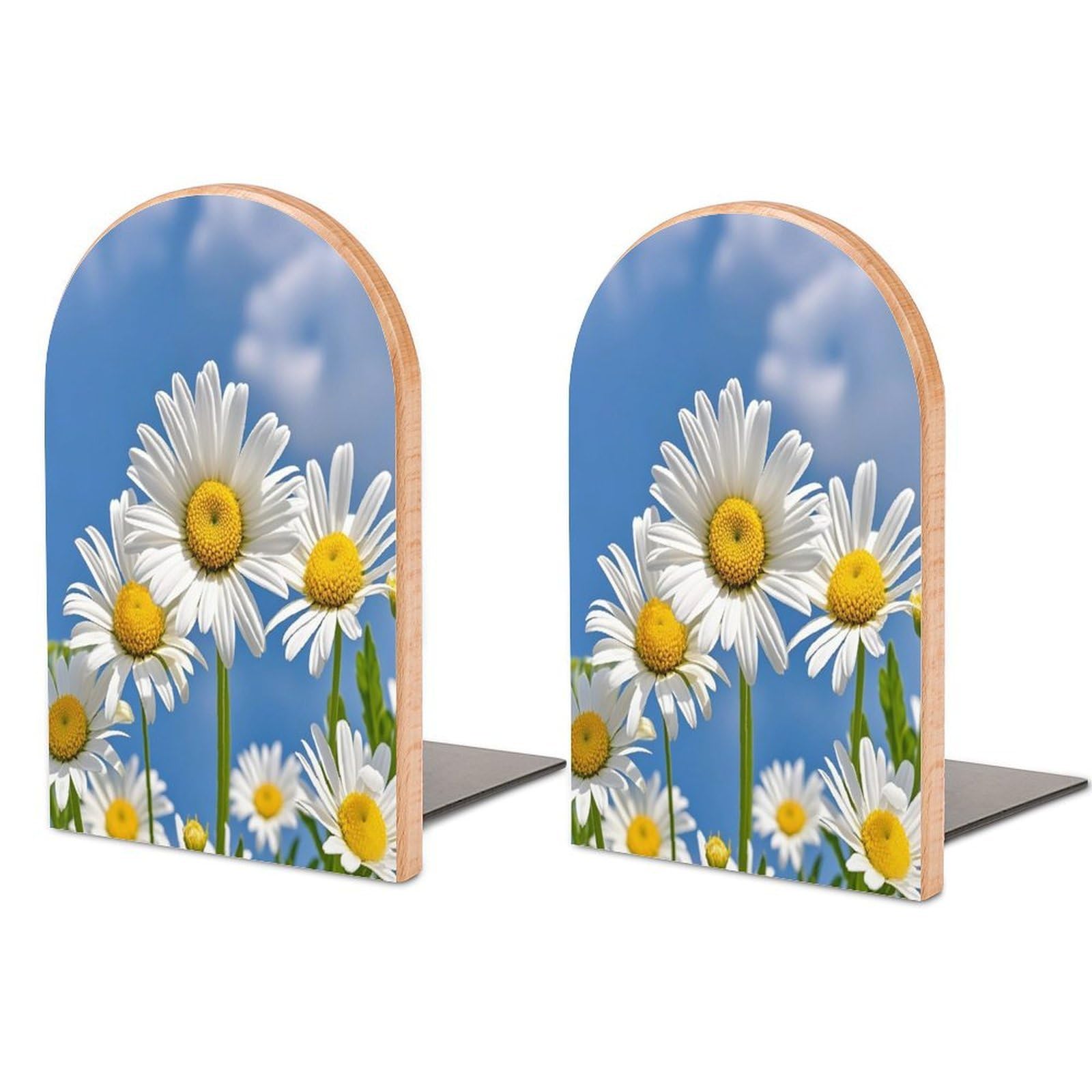 Beautiful Daisies Bookend for Shelves Wooden Book End Sturdy Book Holders Stoppers with Metal Base for Bookshelves Slick Decorative Bookends Stands