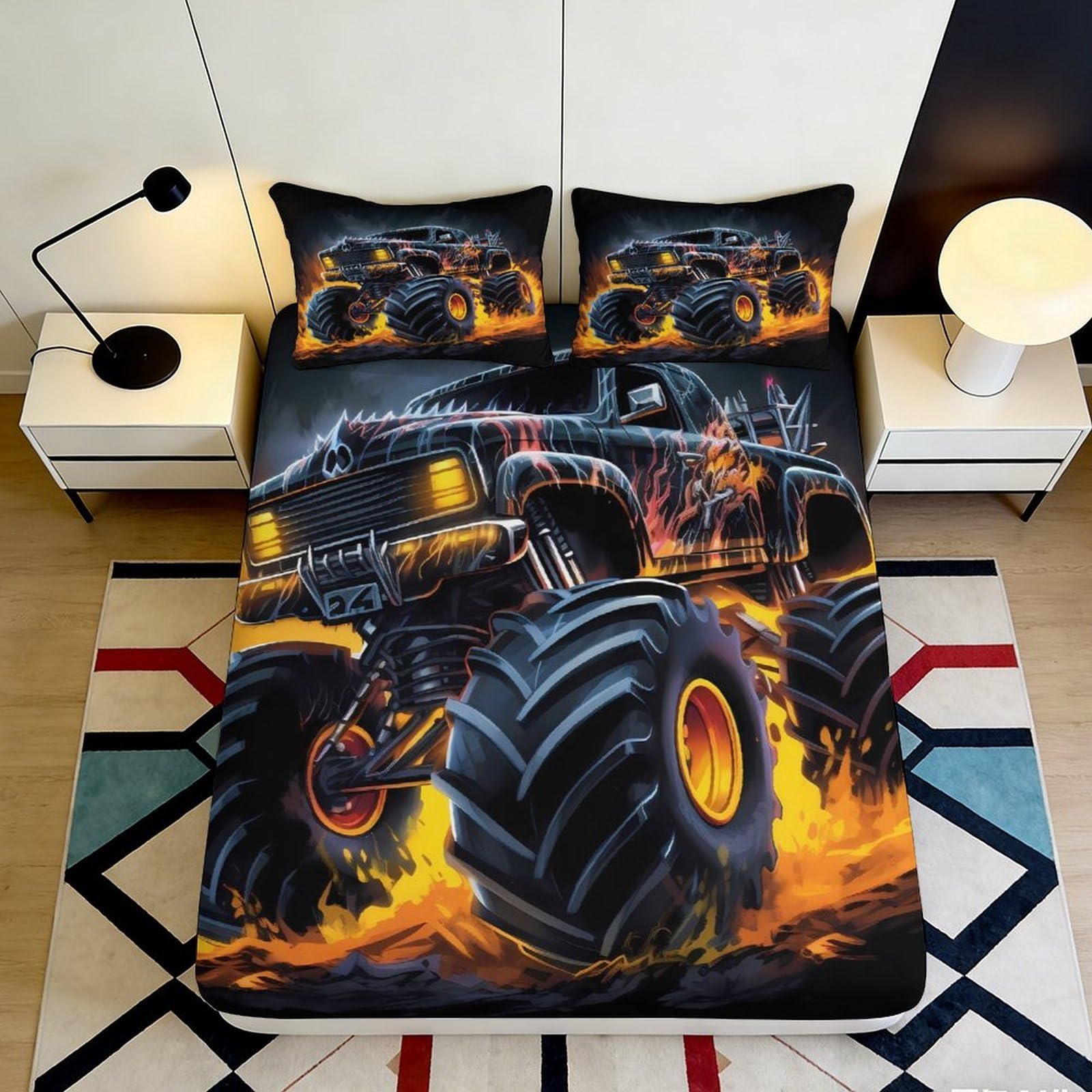 3D Printed Monster Truck Fire Fitted Sheet Microfiber Black Orange Bed Cover for Bedroom Guestroom Decor Dorm 90x200x25cm