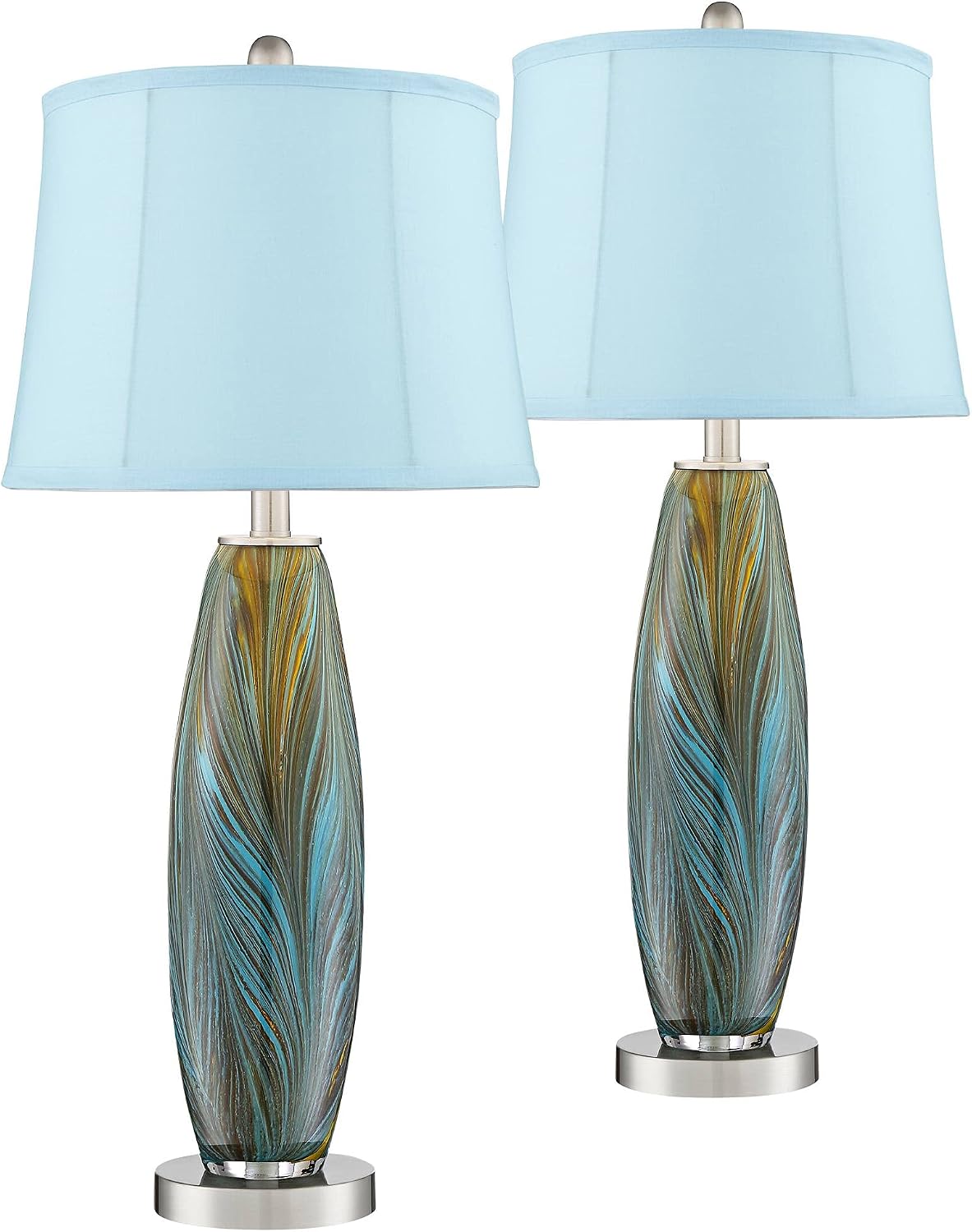 360 Lighting Azure Modern Coastal Table Lamps 26 3/4" Tall Set of 2 Blue Brown Art Glass Softback Fabric Drum Shade for Bedroom Living Room House Home Bedside Nightstand Office Entryway Kids