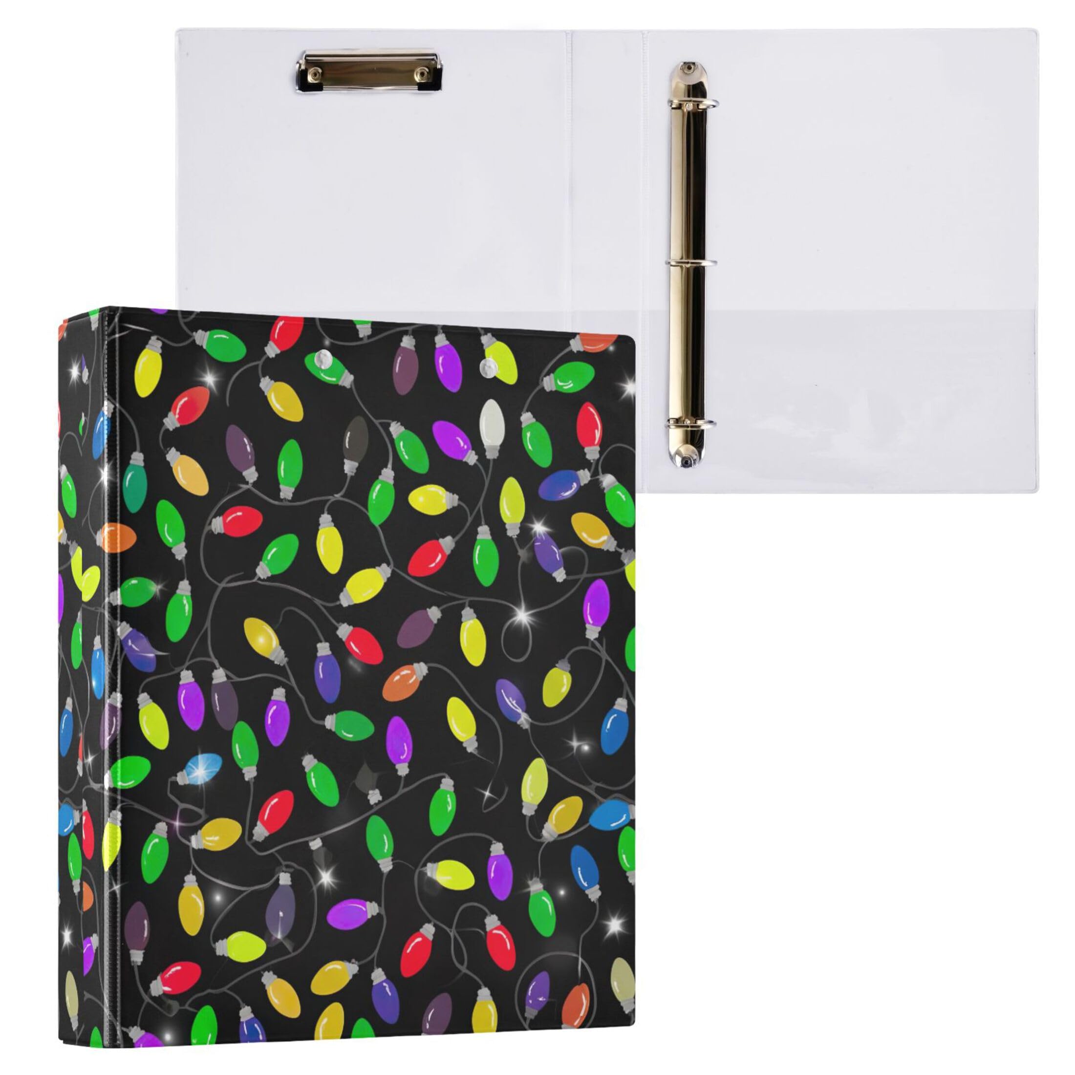 Raccoglitori a 3 anelli colorati con luci natalizie nere da 3 1/2 pollici, contengono 200 fogli colorati cartelle portadocumenti ad anelli rotondi, 31,5 x 27 x 6 cm, confezione da 2