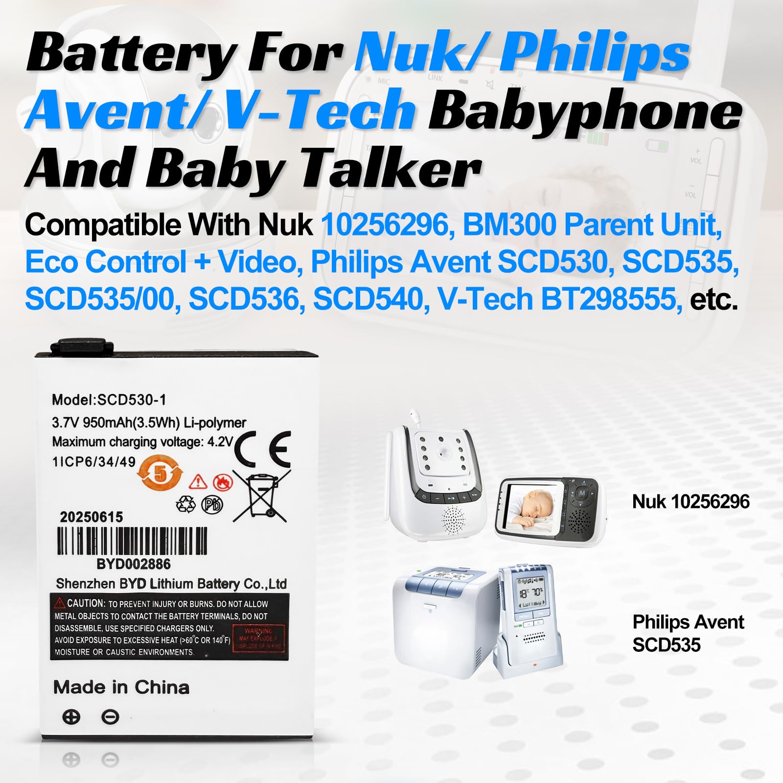 Batteria compatibile con Nuk Babyphone,Philips Avent, V-Tech Babytalker. Sostituisce i modelli: Nuk 10256296,BM300,Eco Control + Video,Philips Avent SCD530,SCD535,SCD536,SCD540,V-Tech BT298555 ecc.
