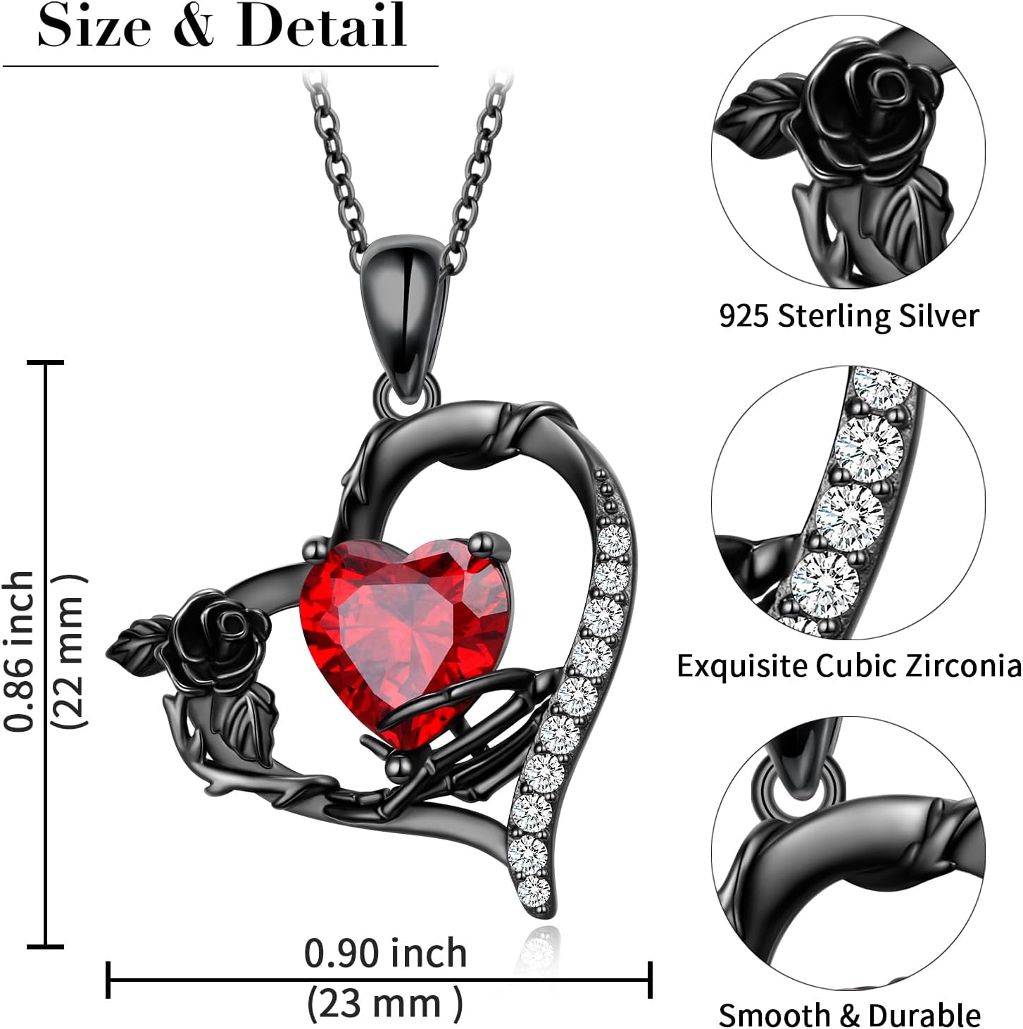 Skeleton Hand Black Rose Necklace 925 Sterling Silver Ruby Heart Pendant Necklace Gothic Jewelry Halloween Easter Gifts for Women - Image 4
