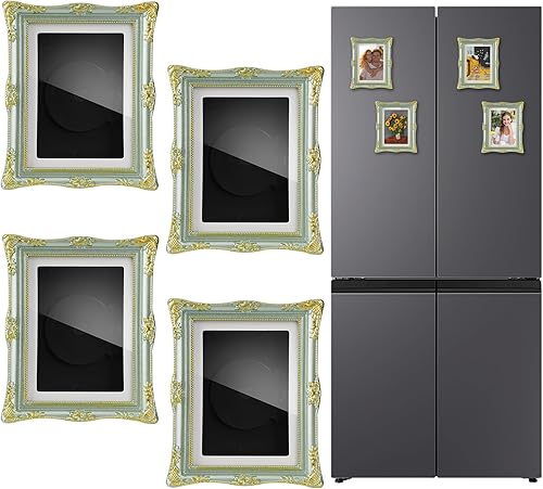 Miniatura 11 de Marcos de fotos magnéticos para refrigerador, 4 unidades, marco de fotos vintage mini imanes de nevera, 3.54 x 2.75 pulgadas (dorado)
