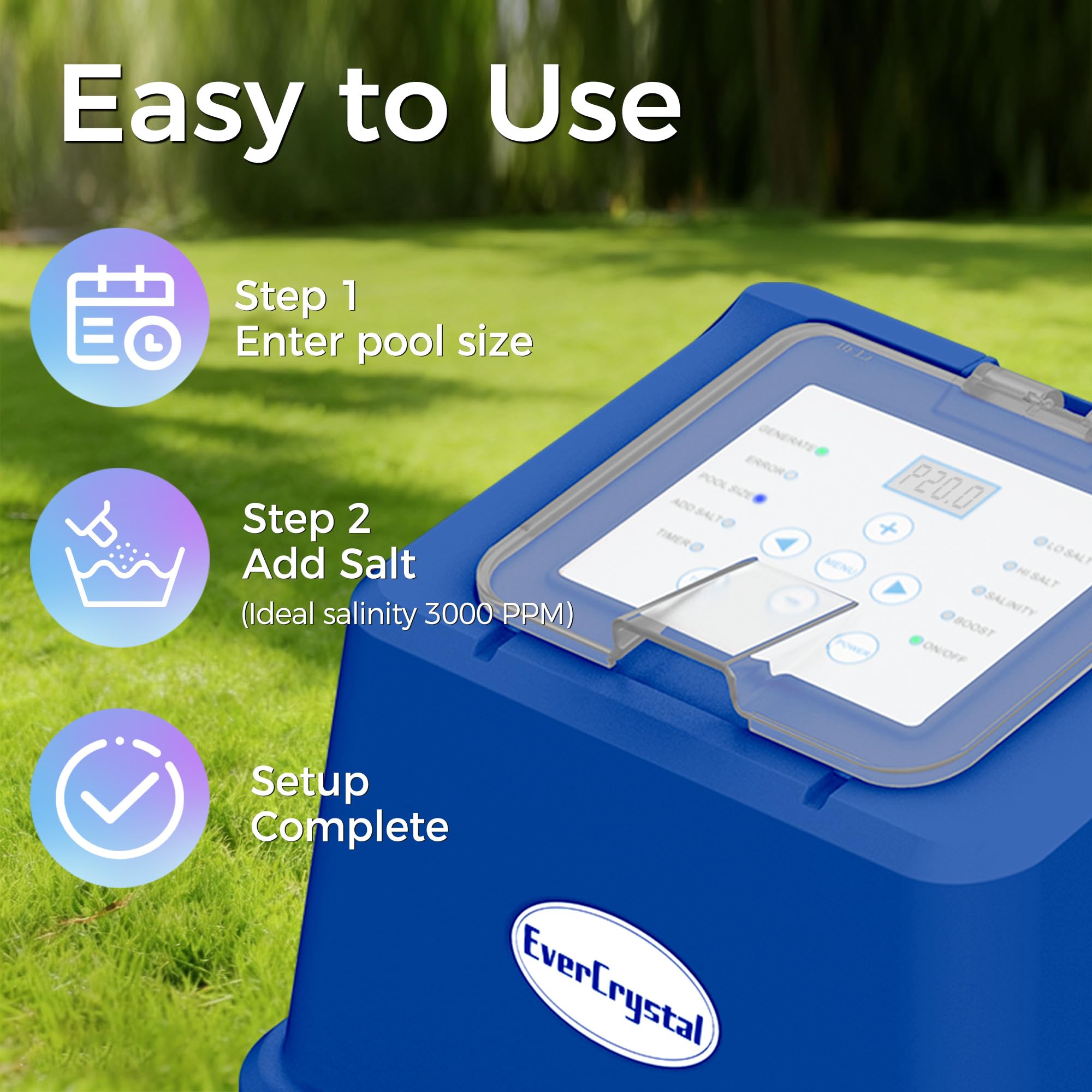 Clorador de agua salada para piscina sobre el suelo, generador inteligente de cloro salado con temporizador, autolimpieza y alertas de temperatura y nivel de sal, piscinas de hasta 20,000