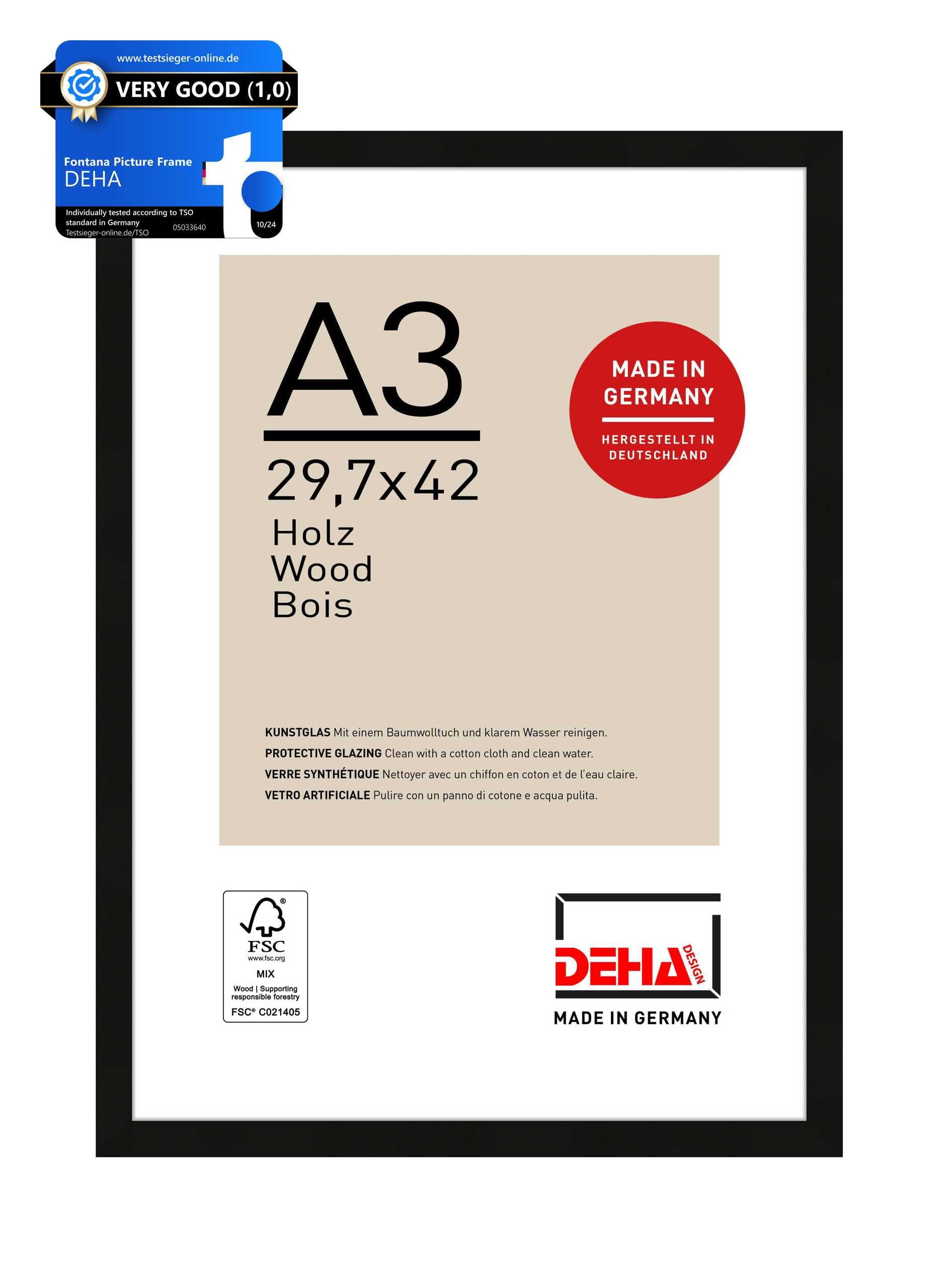 Deha Design Black Fontana Wooden Picture Frame - A3 (29.7X42 Cm) – - With Synthetic Glass And Push/Turn Clips