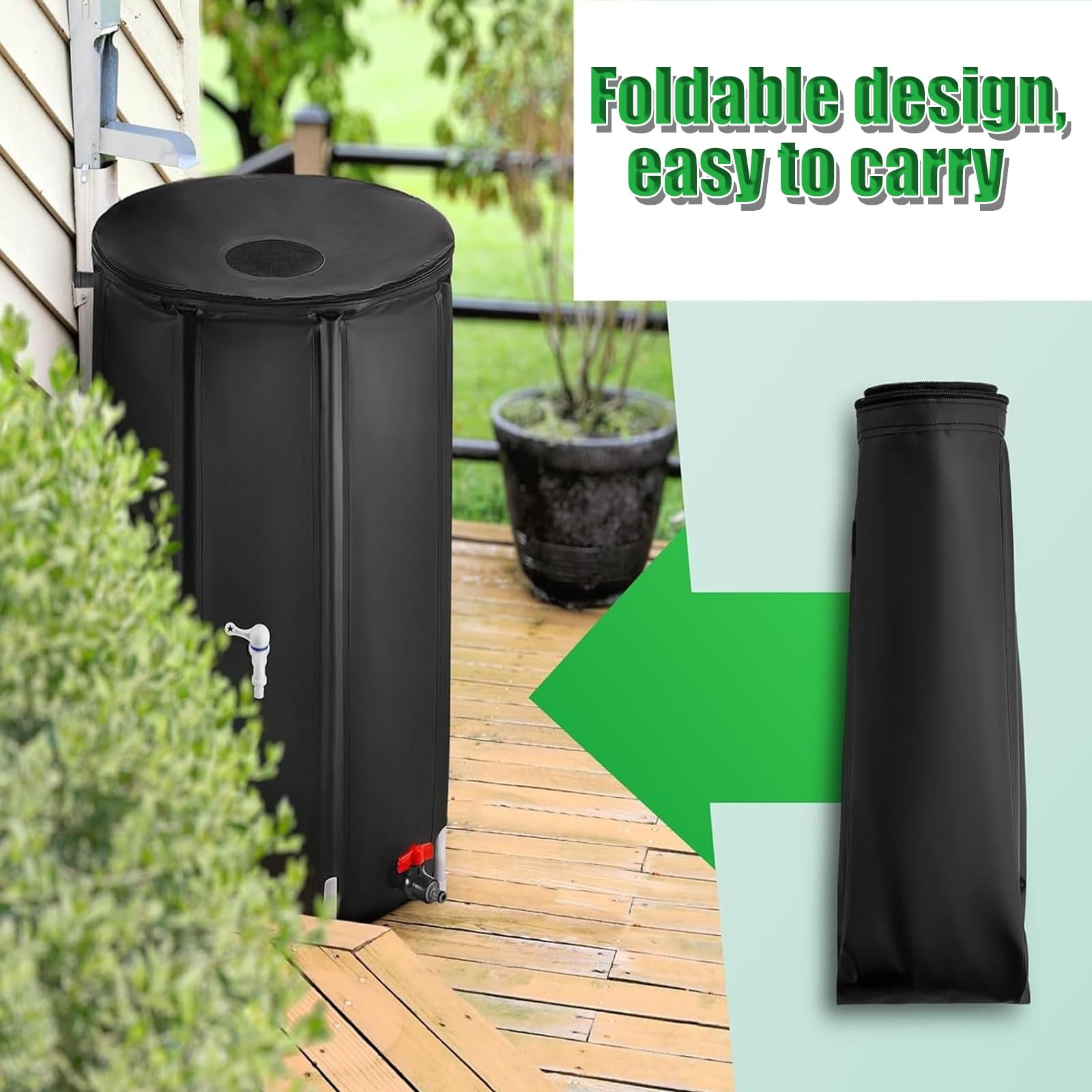 Barril Plegable de 50 litros para jardín, Sistema portátil de recolección de Agua de Lluvia de PVC, Tanque ecológico para la recolección de Agua de Lluvia en Patios y terrazas (Verde).