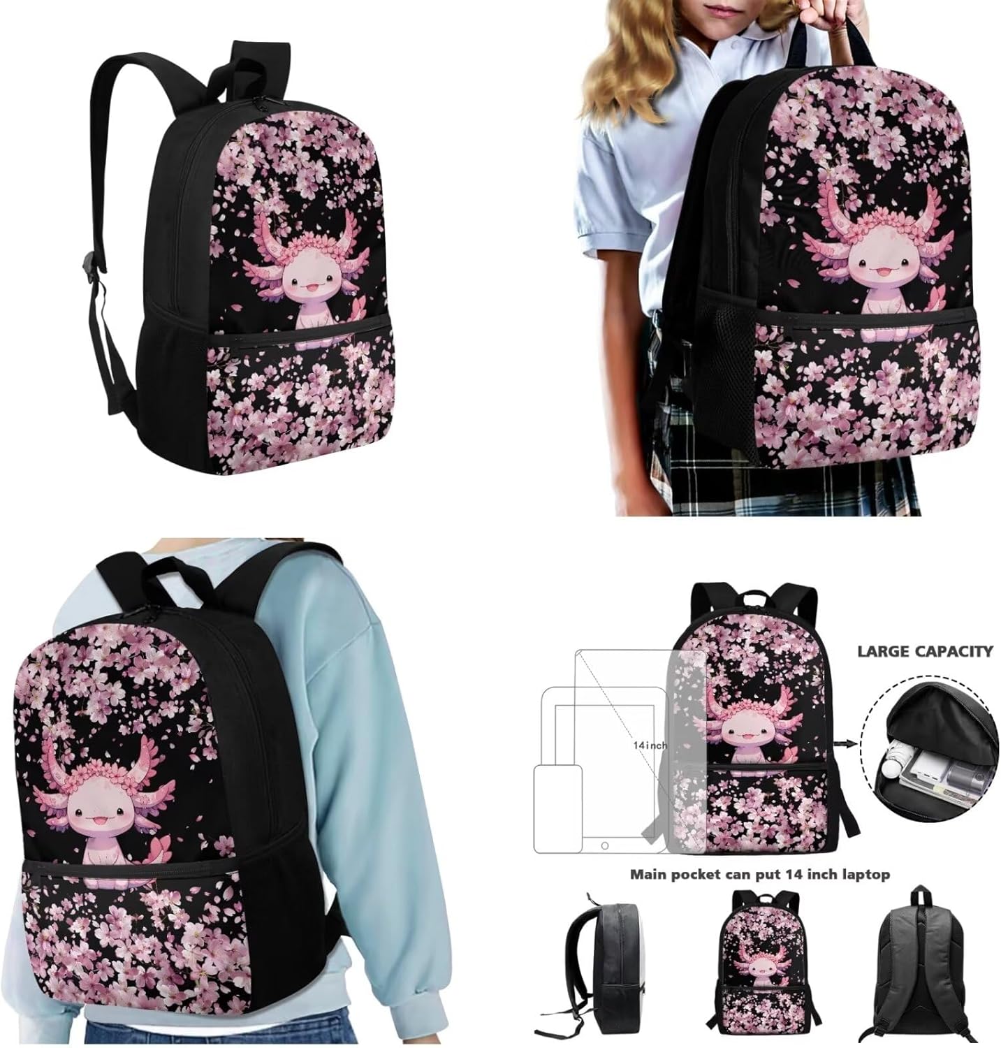 Cherry Blossom Axolotl 3 in 1 School Backpack Set 17 inches Book Organizer Backpack,Small Lunch Bag Messenger Tote with Bottle Mesh Pockets Zipper Closure Pencil Case Pouch 3 Pack Set
