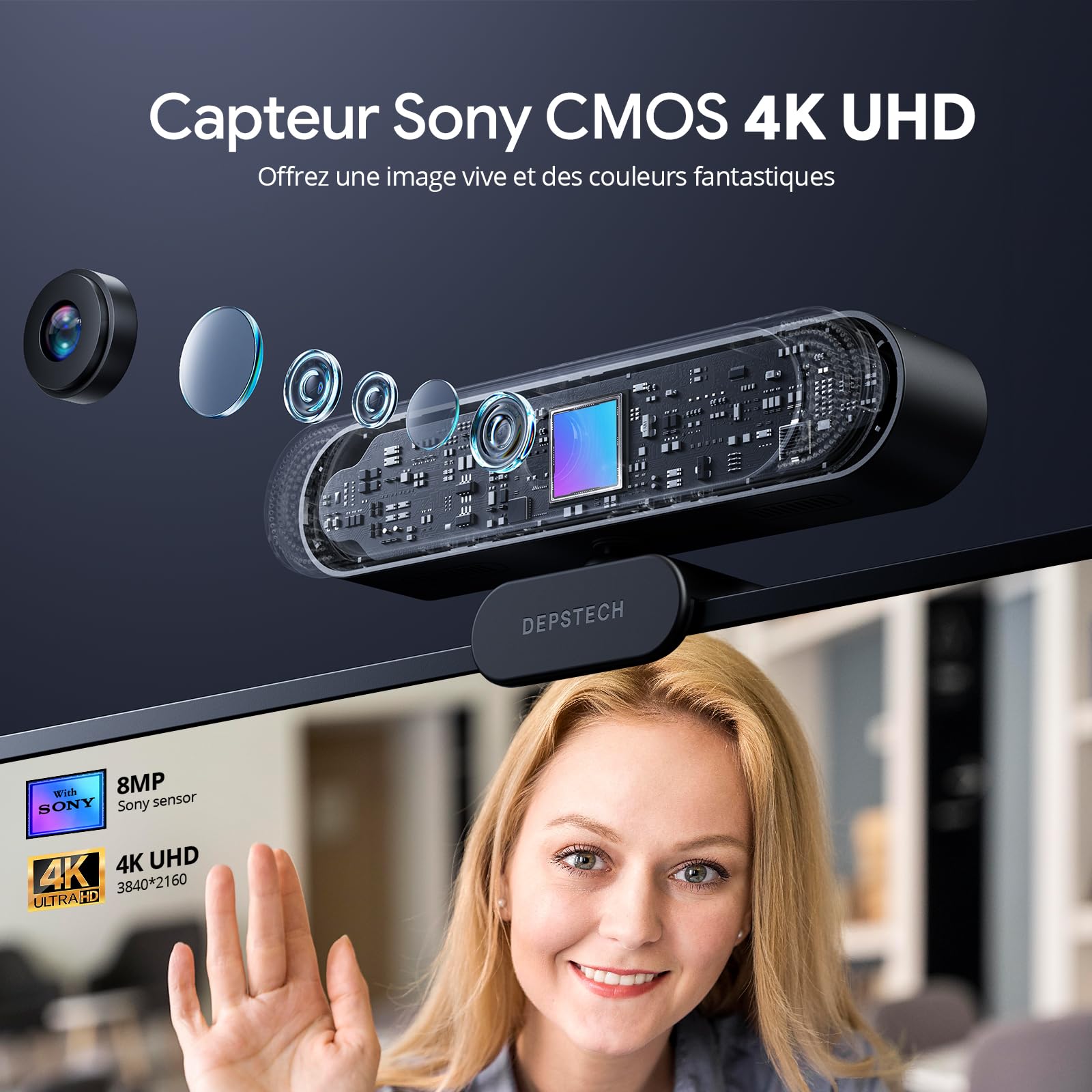 DEPSTECH Webcam 4K, Webcam PC Ultra HD avec Capteur 1/2.55", Double Micro Antibruit, Zoom Numérique 3X, Télécommande, Camera Streaming 8MP Autofocus pour PC Portable Mac, Appel vidéo, Zoom, Skype