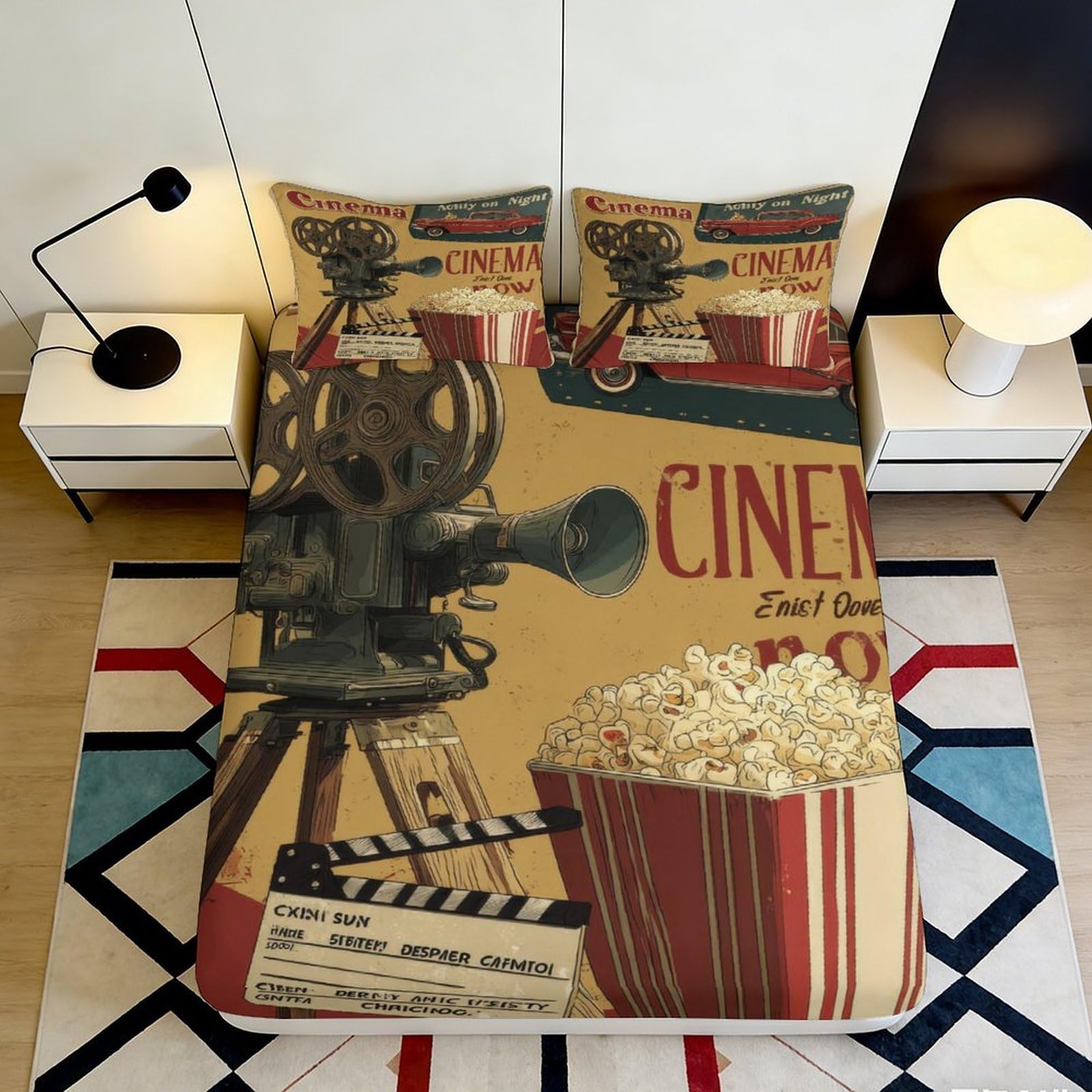 Uxinyoume Style-3 3D Printed Vintage Cinema Fitted Sheet Microfiber Soft Movie Camera Popcorn Mattress Cover Machine Washable For Bedroom Decor 90X200x25cm