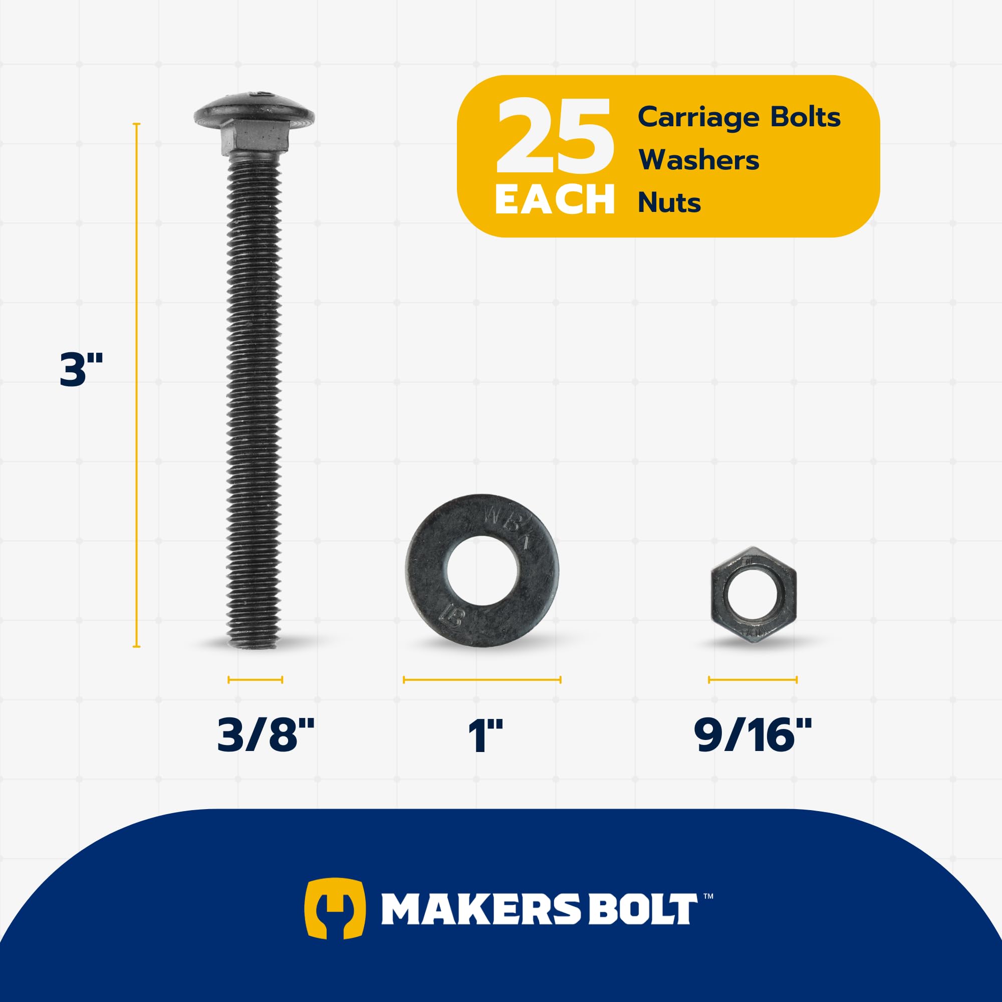 Black Carriage Bolts - 25 Pack, Rust Resistant -2