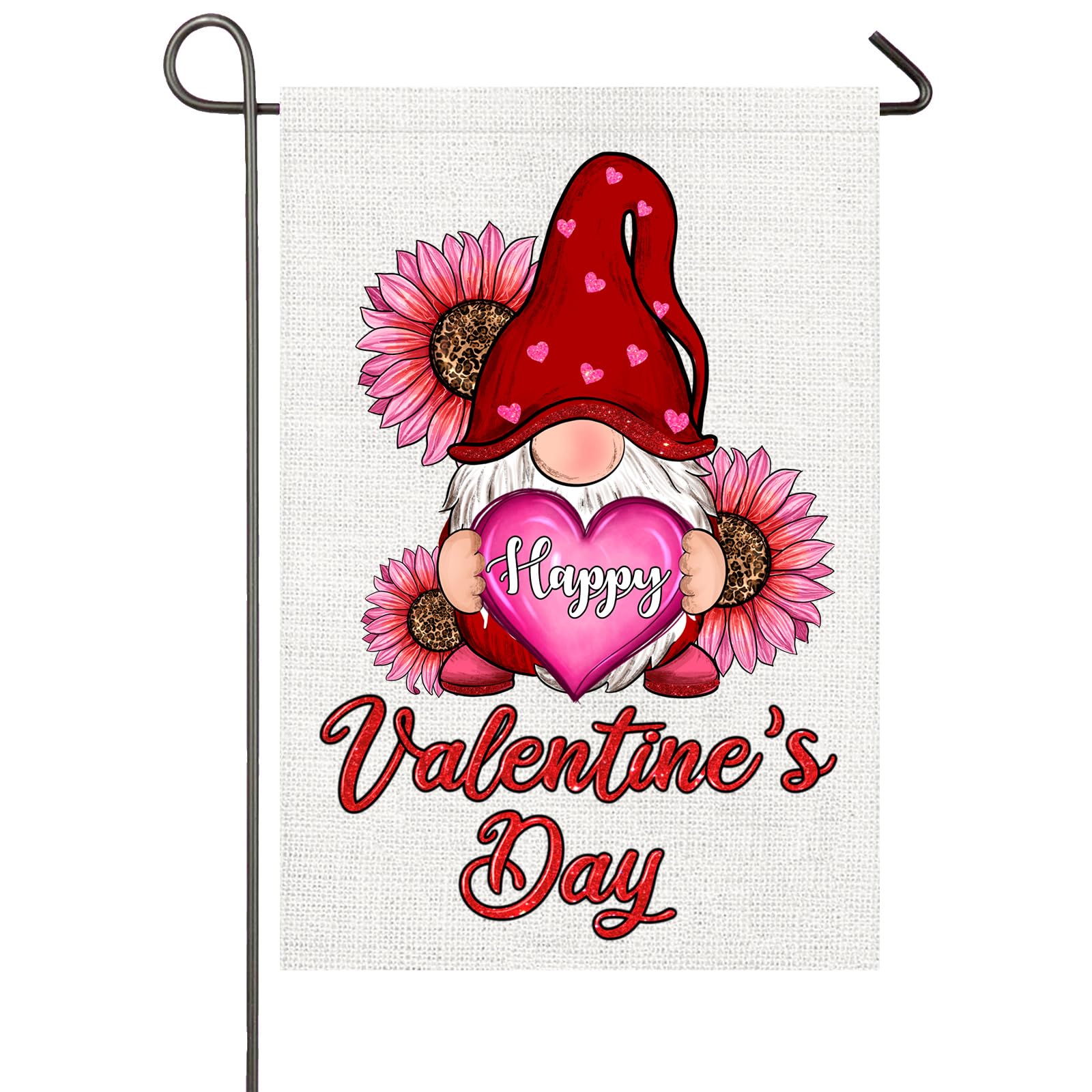Happy Valentines Day Gnome Garden Flag for Outside 12x18 Inch Double Sided Valentine Gnome with Love Heart Pink Sunflowers...