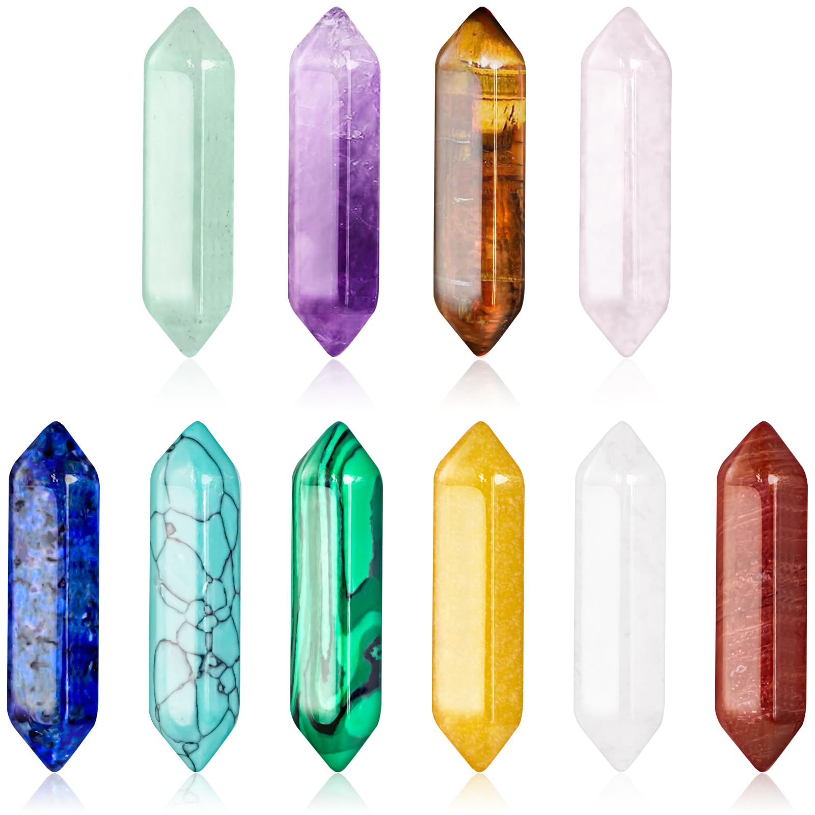 10PCS Healing Crystals Set Hexagonal Bullet Shaped Meditation Gemstone Natural Stone Rose Quartz Crystals Amethyst Tiger Eye Chakra Stones Energy Crystals with Beauty Box